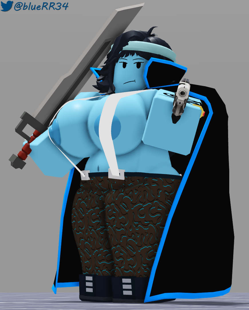 1girls, 3d, areolae, black hair, blue skin, bluerr34, breasts, cape, chubby, collar, digital media (artwork), erect nipples, female, female focus, female only, gun, headband, looking at viewer, nipple slip, nipples, original character, pistol, ring, roblox, robloxian, self upload, shiram, simple background, solo, solo female, standing, suspenders, sword, tattoo, tits, topless, twitter username