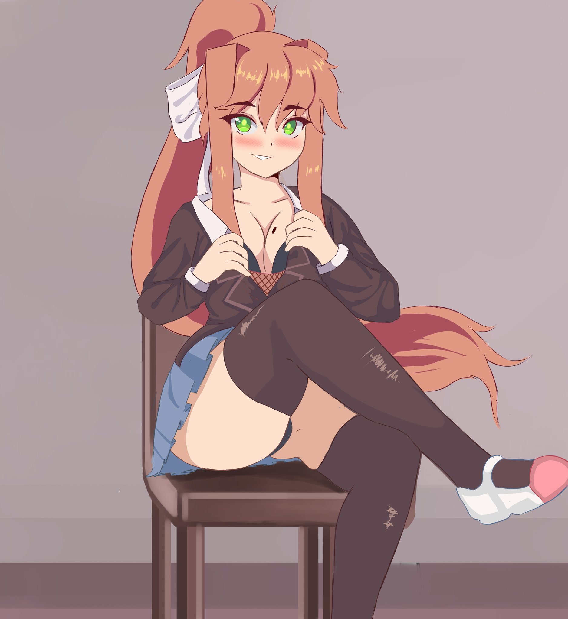 artemitzuki (artist), asian, blush, breasts, chair, cleavage, doki doki literature club, female, green eyes, hair ornament, looking at viewer, mole, mole on breast, monika (doki doki literature club), panties, skirt, solo, stockings, thighhighs, undressing