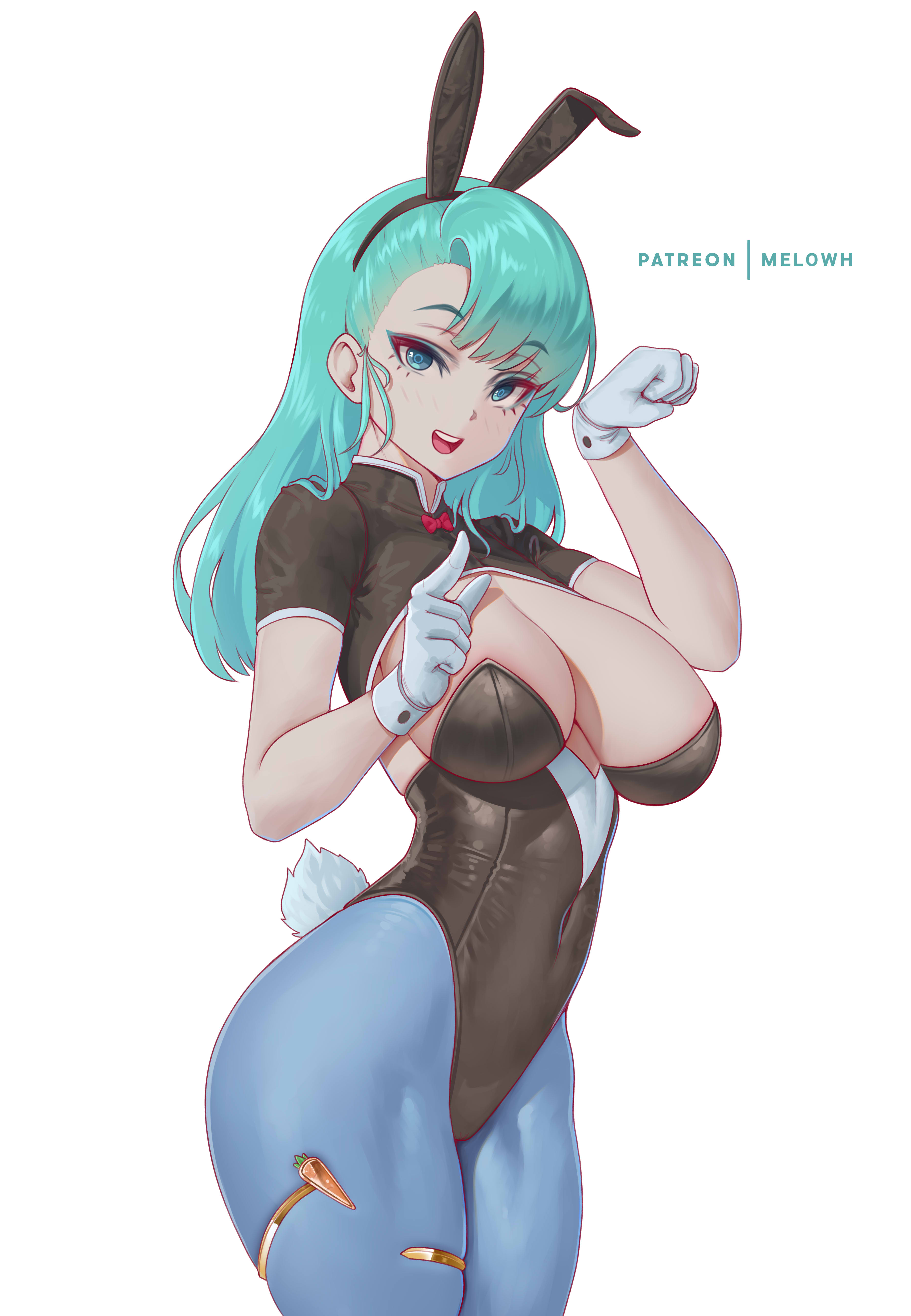 1girls, blue eyes, blue hair, breasts, bulma, bulma (bunny), bulma briefs, bunny ears, bunny girl, bunnysuit, dragon ball, dragon ball (classic), female, female only, hi res, long hair, melowh, patreon username, smile, teenage bulma, teenage female, teenager, thick thighs, white background