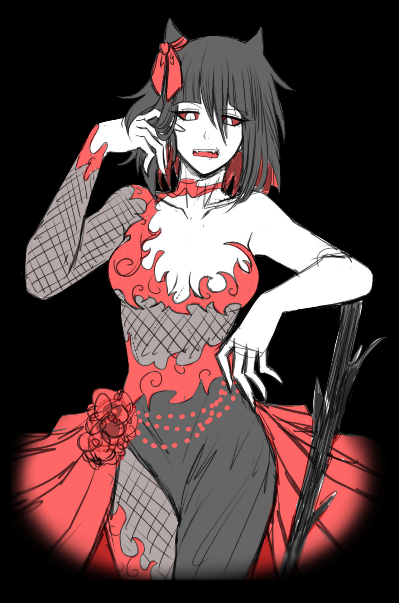 artist_request black_background black_hair breasts cneko-chan demon demon_girl demon_horns demonic dress fangs female female_focus female_only horns i'm_the_grim_reaper looking_at_viewer red_dress red_hair scarlet_(i'm_the_grim_reaper) webcomic webcomic_character webtoon webtoon_character