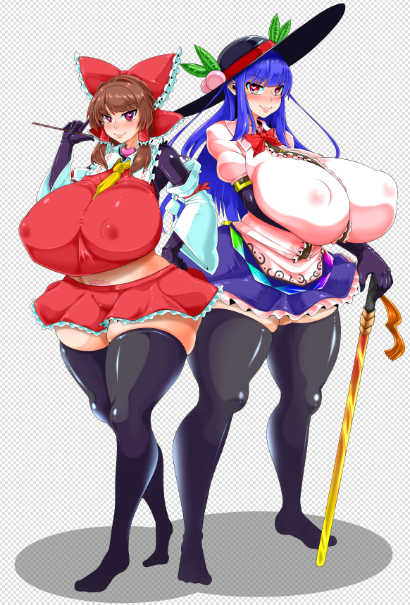 covered_nipples fully_clothed huge_ass huge_breasts keinoyounamono latex_clothing reimu_hakurei shrug_(clothing) tenshi_hinanawi thick_thighs thighhighs touhou wide_hips