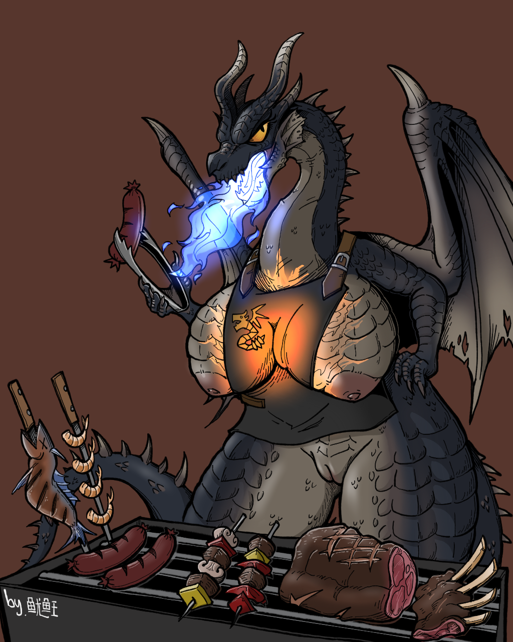 2023 animal_humanoid anthro apron apron_only barbecue barbecue_grill big_breasts black_body bottomless breasts camel_toe capcom clothed clothing cooking dragon dragon_humanoid elder_dragon elemental_manipulation exposed_breasts fatalis_(monster_hunter) female feral fire fire_manipulation food genitals hi_res humanoid meat monster_hunter mostly_nude nude pussy sausage scalie scalie_humanoid solo squidking western_dragon yellow_eyes