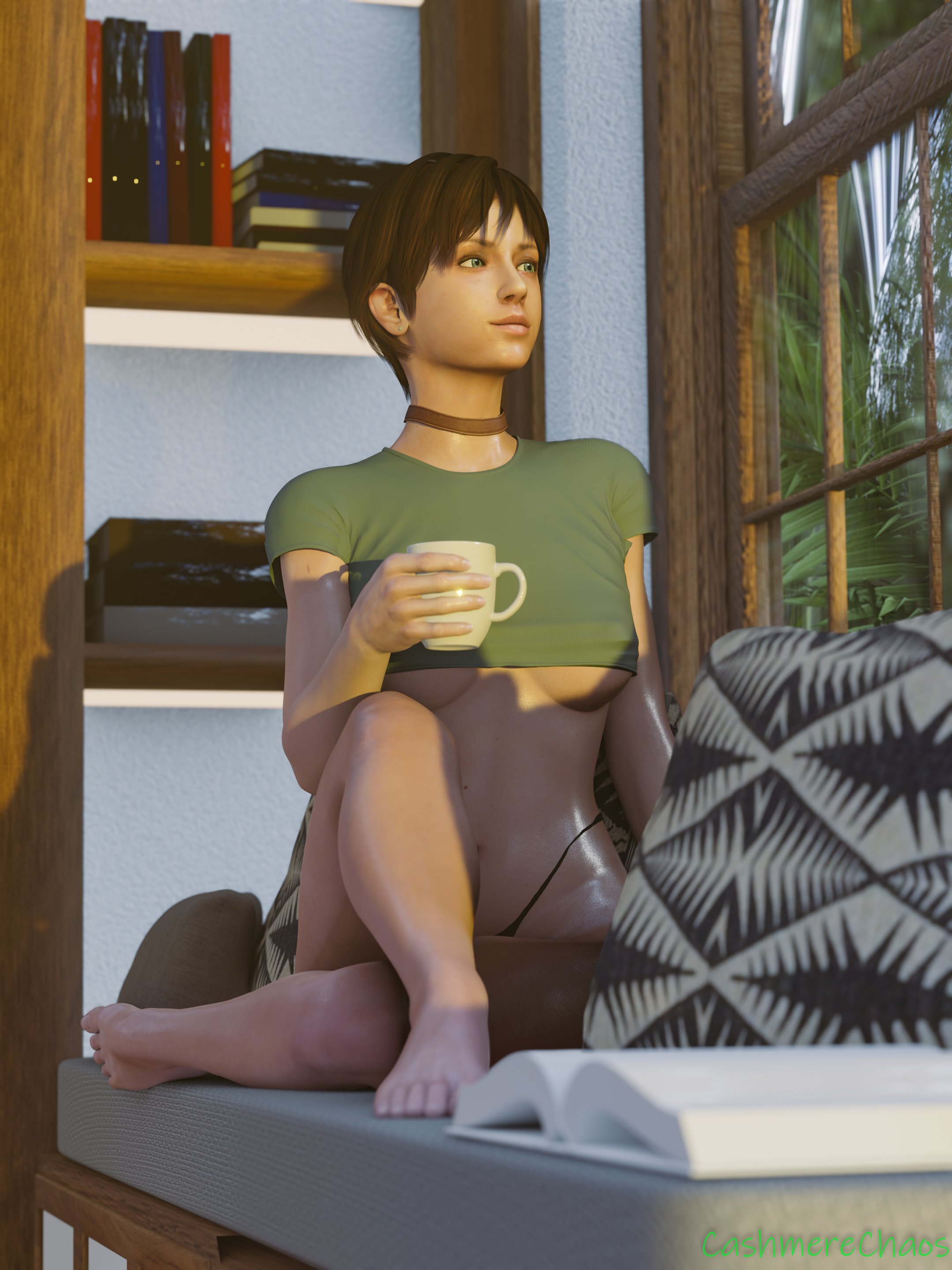 3d, athletic, athletic female, barefoot, blue eyes, breasts, brown hair, busty, cashmerechaos, choker, crop top, erect nipples, feet, female, female focus, female only, g-string, hourglass figure, nipples, nipples bulge, rebecca chambers, resident evil, resident evil 0, resident evil remake, short hair, sitting, tagme, toes, tomboy, underboob, wide hips