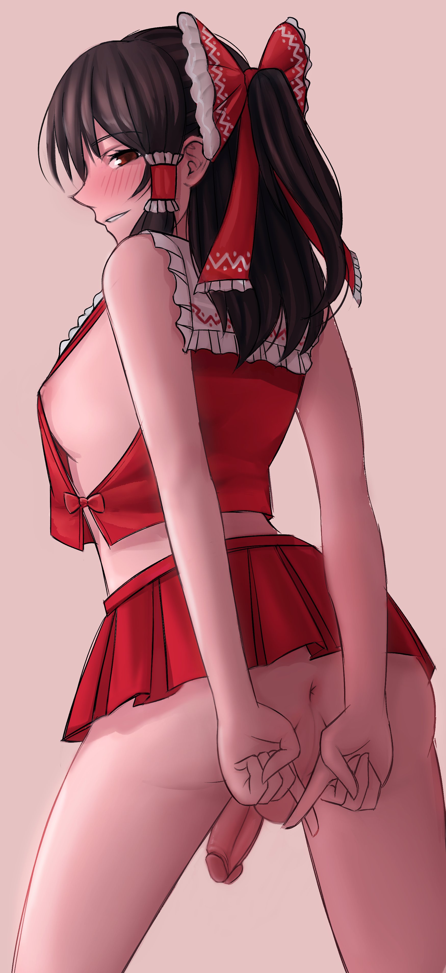 1futa, 2023, anus, anus focus, areola, areola slip, ass, back, back view, balls, ballsack, black hair, bottomless, breasts, clothed, clothing, dickgirl, futa only, futa sans pussy, futanari, human, intersex, light skin, light-skinned futa, long hair, looking at viewer, looking back, mostly clothed, nipple slip, nipples, no panties, penis, perineal raphe, perineum, red clothes, red clothing, red ribbon, red skirt, reimu hakurei, ribbon, ribbon in hair, sideboob, silentlumi, skirt, solo, standing, taint, testicles, thighs, touhou, uncensored