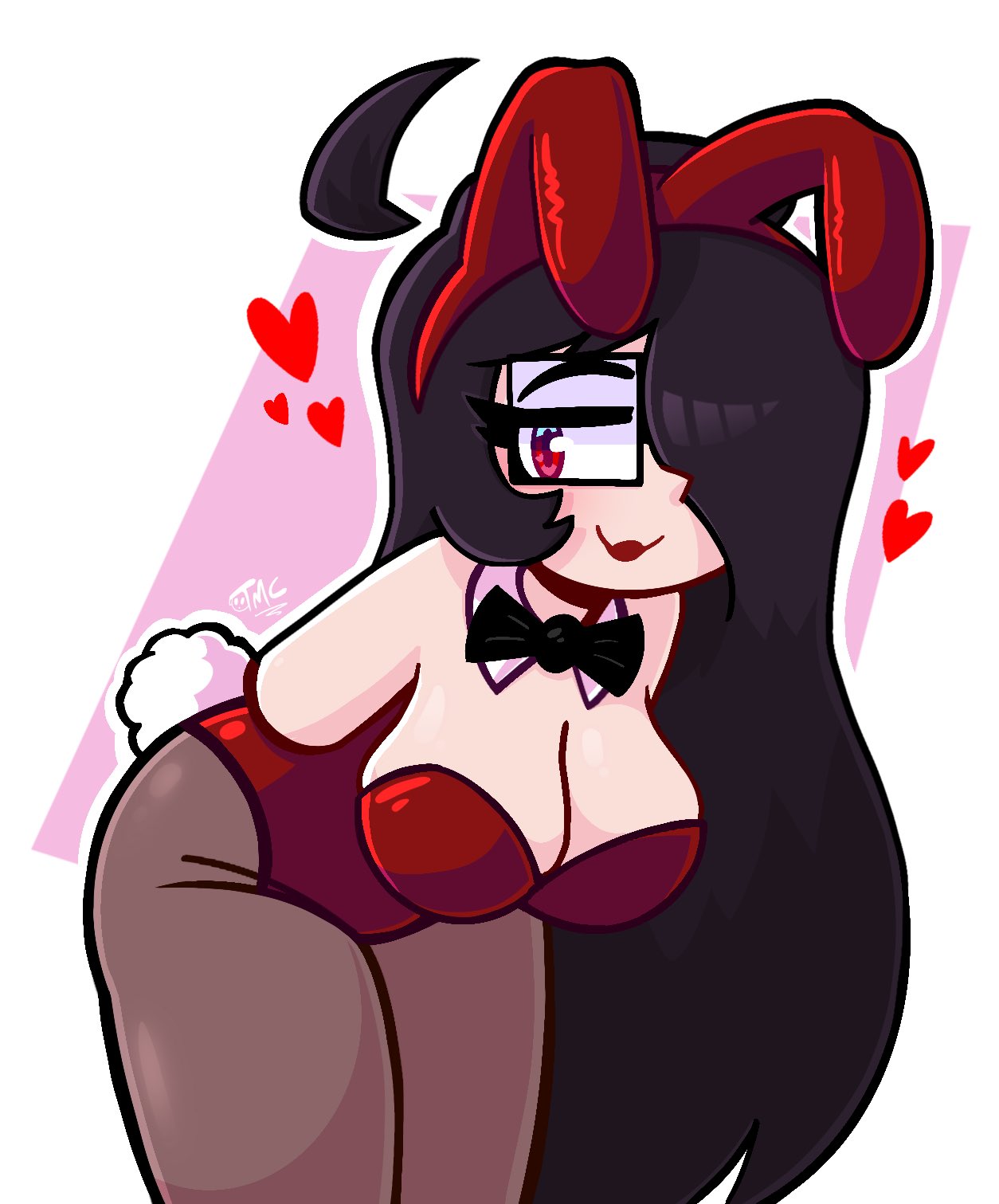 bending_over big_breasts black_hair blush bowtie breasts bunny_ears bunny_tail bunnysuit cleavage friday_night_funkin glasses hair_over_one_eye heart lipstick long_hair looking_at_viewer milkers red_eyes smile thelewderchris thick_thighs thighs tie vade_(themaskedchris)