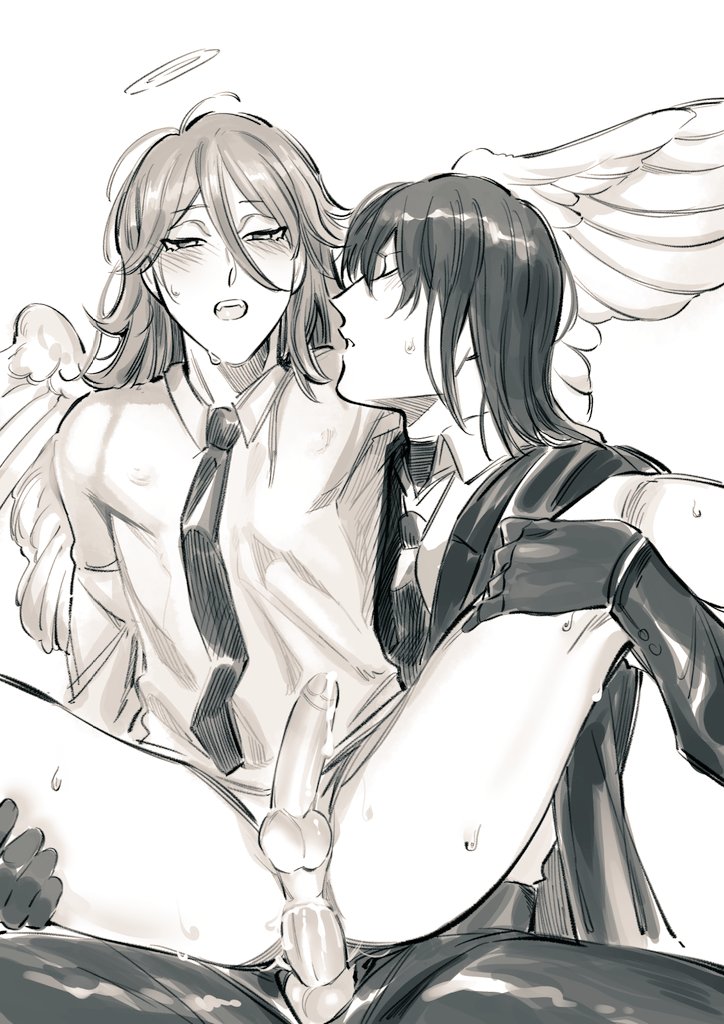 2boys, anal, anal sex, angel devil (chainsaw man), artist request, ass, balls, blush, chainsaw man, closed eyes, cum, cum in ass, femboy, gay, gay sex, gloves, half-dressed, hayakawa aki, imminent death, male, penis, wings, yaoi