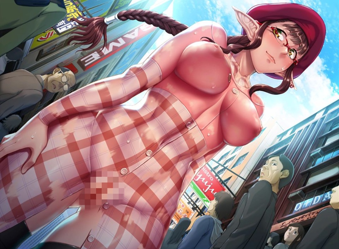 body paint, censored, censored pussy, elf, exhibitionism, female, mosaic censoring, painted clothes, people watching, public, public nudity, pussy, taimanin (series), taimanin rpgx, twintails