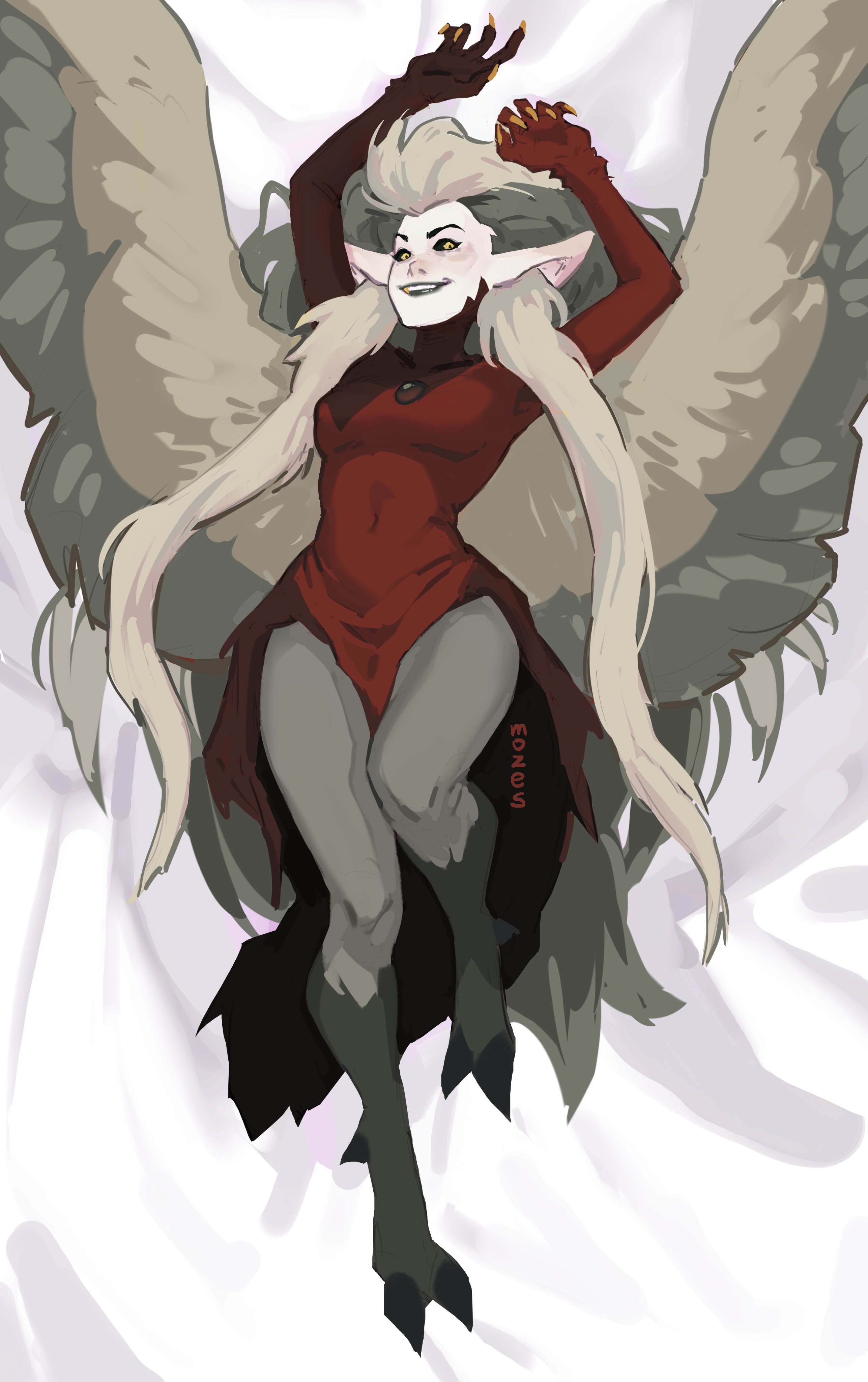 3 toes, bird feet, bird humanoid, black lipstick, black sclera, dakimakura, dakimakura pose, disney, disney channel, eda clawthorne, feathered wings, female, gold tooth, grey body, grey feathers, harpy eda, humanoid pointy ears, monster girl, mozes.ipg, red body, red feathers, smile, smiling at viewer, the owl house, toe claws, white feathers, white hair, white skin, witch (the owl house), yellow pupils