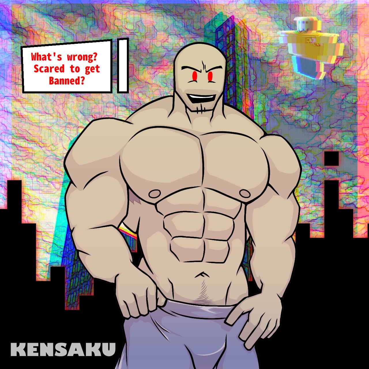 1boy abs armpit_hair armpit_hair_peek bald bara bara_tiddies beard_stubble bulge chin_pubes facial_hair glitch_background glitchy humanoid john_doe_(roblox) kendrick_nsfw kensaku_(artist) kyoitekina male male_nipples male_only male_pubic_hair muscles muscular_male pecs pubic_hair_peek red_eyes roblox roblox_hacker roblox_myth robloxian sfw smooth_skinned_male solo toony topless