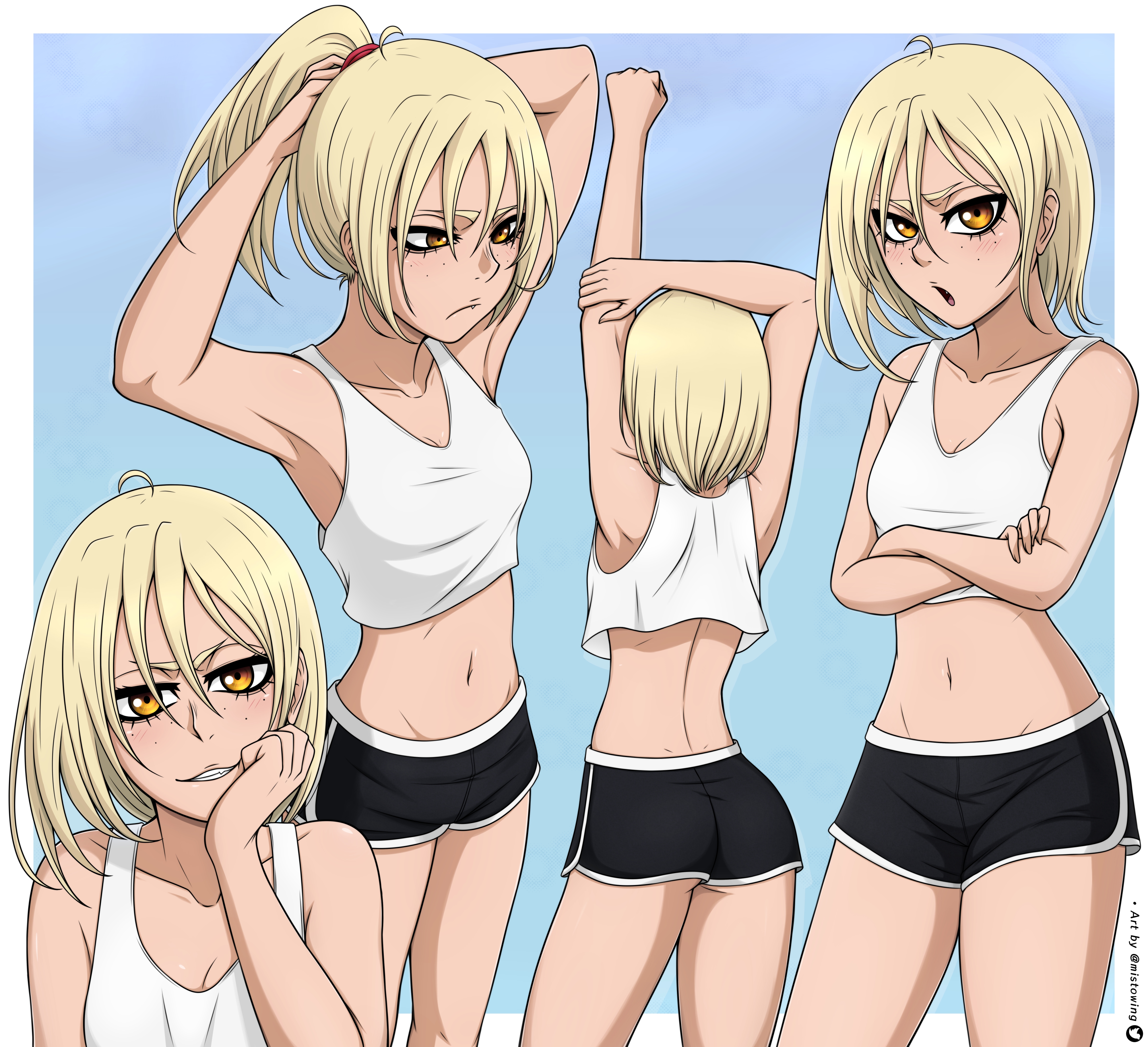 1girls, bleach, blonde hair, breasts, female, female only, hiyori sarugaki, mistowing, sarugaki hiyori, shorts, small breasts, solo, sportswear, thighs