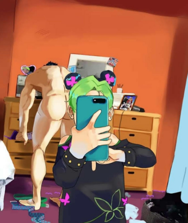 1boy 1girls bed bedroom black_clothes black_hair black_sweater blue_hair butterflies cellphone clothed_female clothes clothes_on_floor eyes_of_heaven funny furniture green_hair humor iggy_(jjba) jean_pierre_polnareff jojo's_bizarre_adventure jolyne_kujo joseph_joestar jotaro_kujo looking_for_clothes meme mirror_selfie mohammed_avdol naked_male noriaki_kakyoin nude_male photo pink_butterflies pink_clothes stardust_crusaders stone_ocean