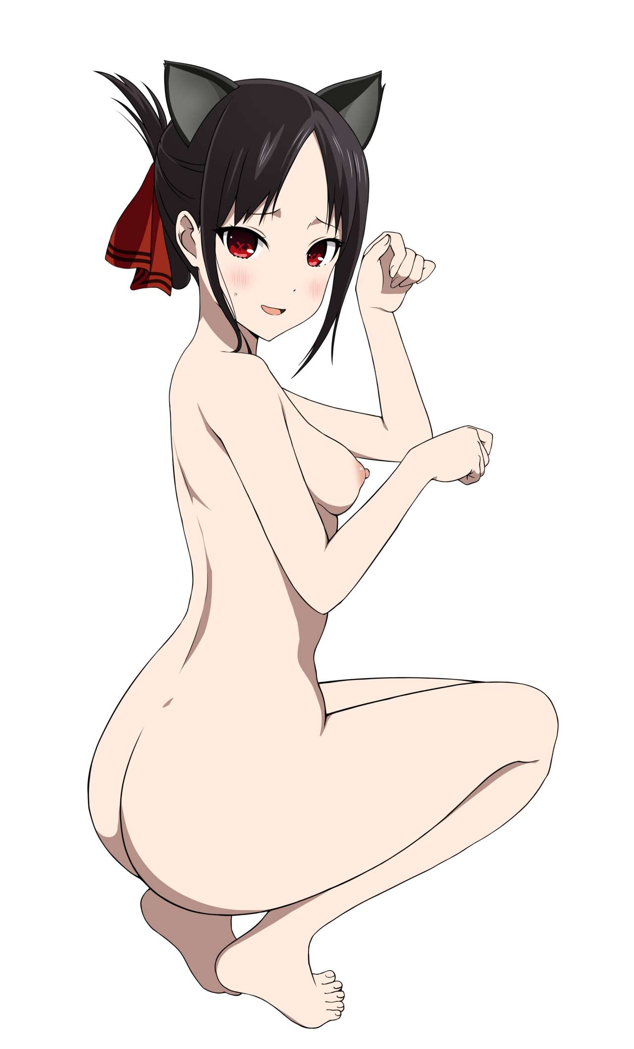 1girls, accurate art style, animal ears, ass, breasts, completely nude, coro fae, feet, female, female only, full body, kaguya-sama wa kokurasetai ~tensai-tachi no renai zunousen~, naked, naked female, nipples, nude, nude female, official style, paw pose, shinomiya kaguya, solo, solo female, squatting