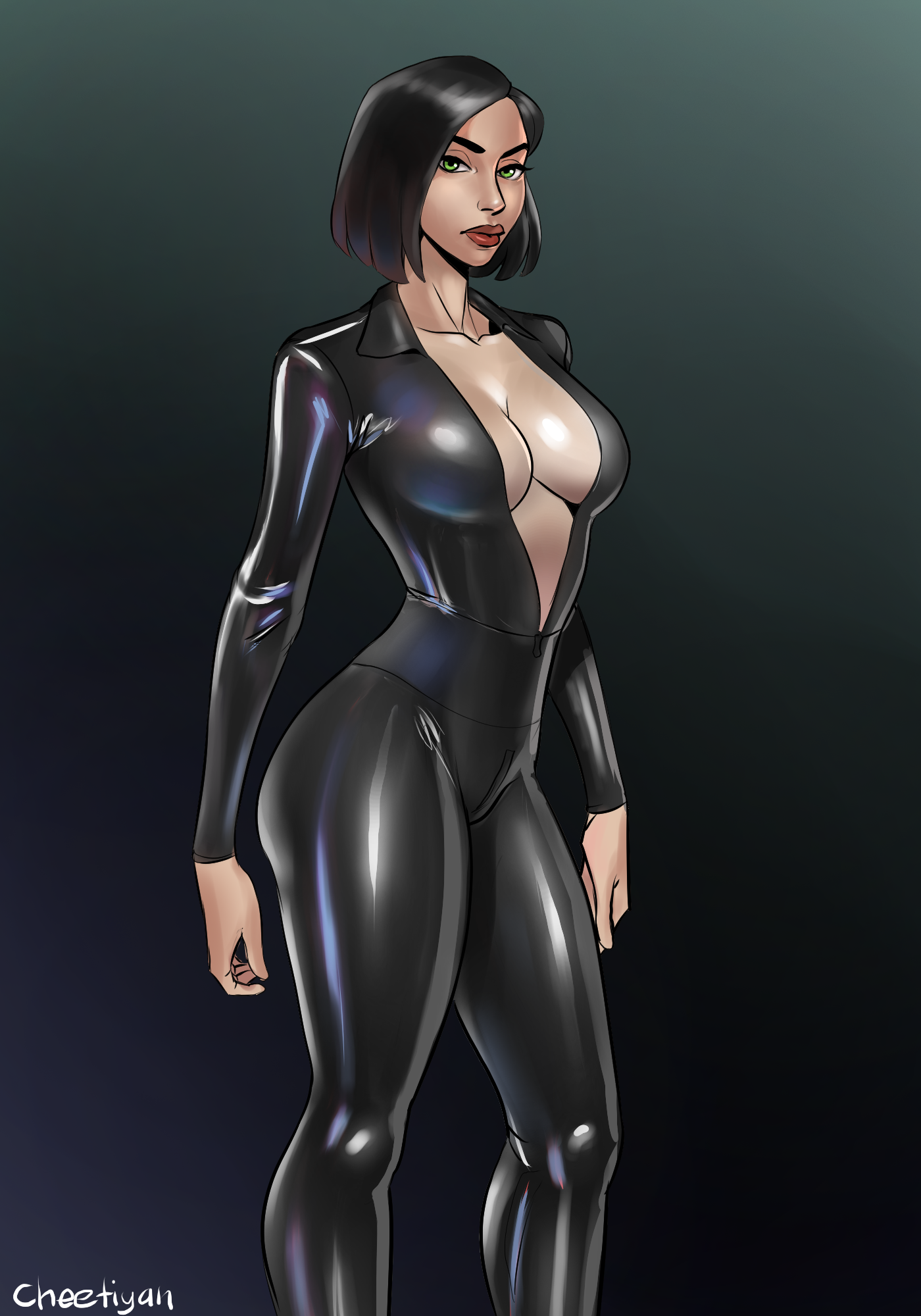 black hair, cheetiyan, cleavage, female, female only, green eyes, latex, valorant, viper (valorant)