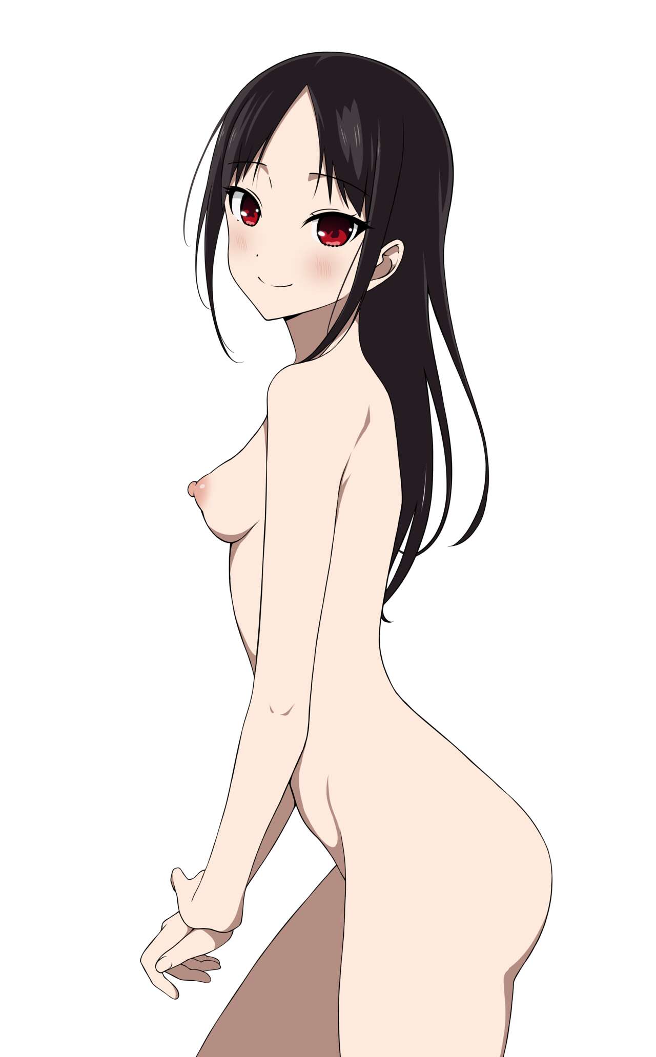 1girls, accurate art style, areolae, black hair, blush, breasts, coro fae, eyebrows visible through hair, female, female only, kaguya-sama wa kokurasetai ~tensai-tachi no renai zunousen~, light skin, light-skinned female, long hair, looking at viewer, nipples, nude, nude female, official style, red eyes, shinomiya kaguya, simple background, smile, solo, white background