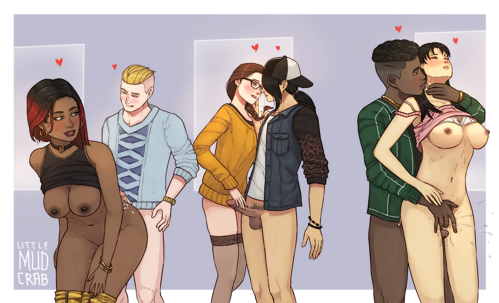 3boys, 3girls, asian female, ass, assjob, black female, black hair, blonde hair, bottomless, braided ponytail, brown eyes, brown hair, buttjob, clothed sex, cum on ass, dark skin, dark-skinned female, dark-skinned male, female, fingering, glasses, green eyes, hoop earrings, interracial, lifted top, light skin, light-skinned female, light-skinned male, littlemudcrab, male, penis, squirting, sweater
