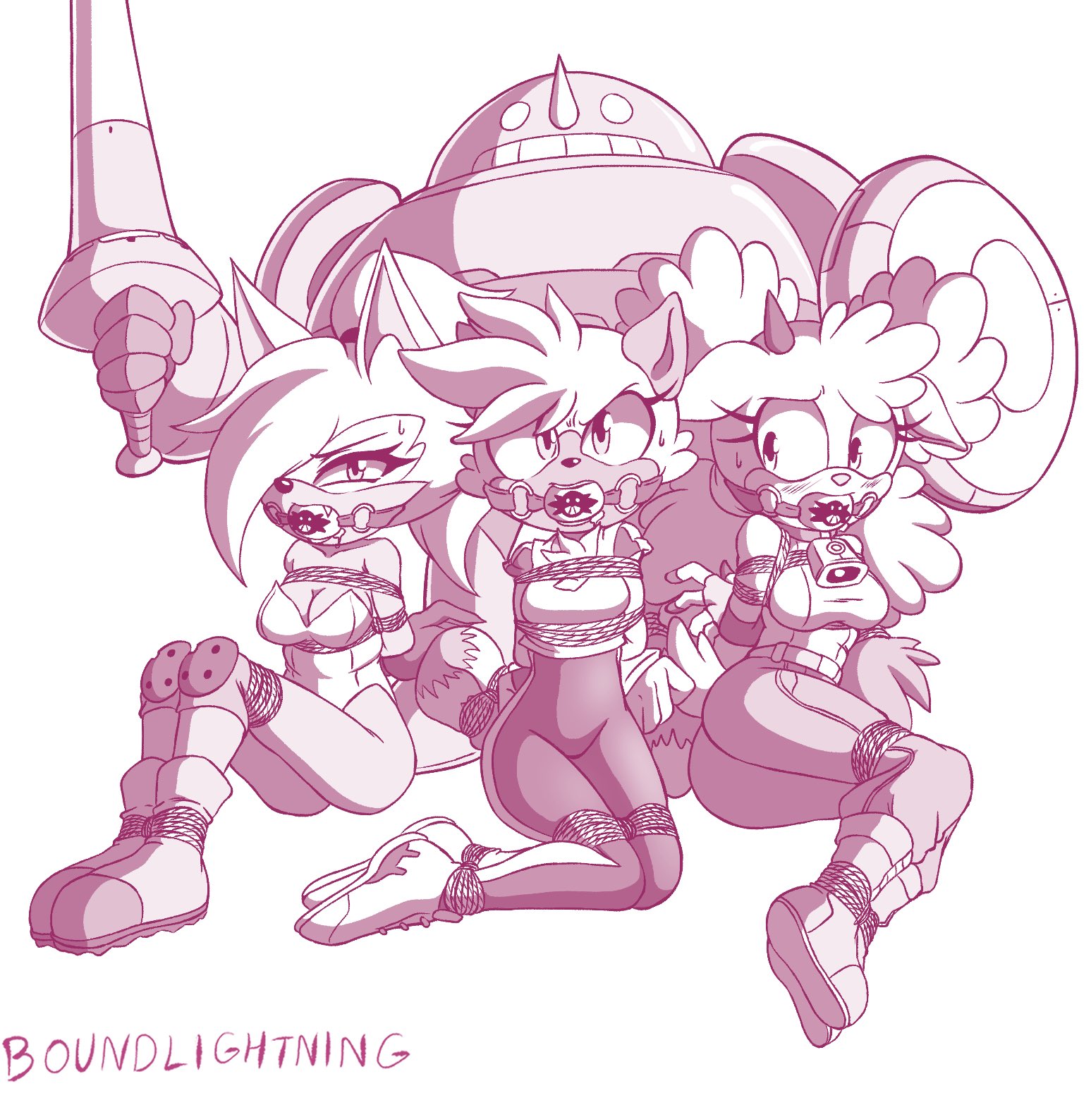 2d, 3girls, angry, angry expression, angry eyes, angry face, ankles tied, arms behind back, arms bound, arms bound behind back, arms tied, arms tied behind back, ball gag, bondage, bound, bound ankles, bound arms, bound legs, boundlightning, captured, captured heroine, clothed, clothed female, clothes, clothing, eggman logo, female, female focus, female only, fully clothed, furry, furry only, gag, gagged, idw comics, idw publishing, lanolin the sheep, legs bound, legs tied, looking at viewer, mobian, mobian (species), mobian sheep, multiple females, multiple girls, property, sega, sonic (series), sonic the hedgehog (comics), sonic the hedgehog (idw), sonic the hedgehog (series), tangle the lemur, tied, tied arms, tied legs, tied up, whisper the wolf, worried, worried expression, worried face, worried look