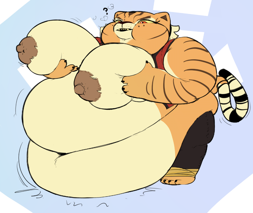 1girls ? anthro areolae bbw belly big_belly breasts brown_fur confused dreamworks fat feline feline_humanoid female female_focus female_only furry holding_breast kung_fu_panda large_belly large_breasts master_tigress morbidly_obese morbidly_obese_anthro morbidly_obese_female nipples obese obese_female orange_hair overweight overweight_female red_eyes stomach thick_thighs thighs tiger vest whiteraff yellow_sclera