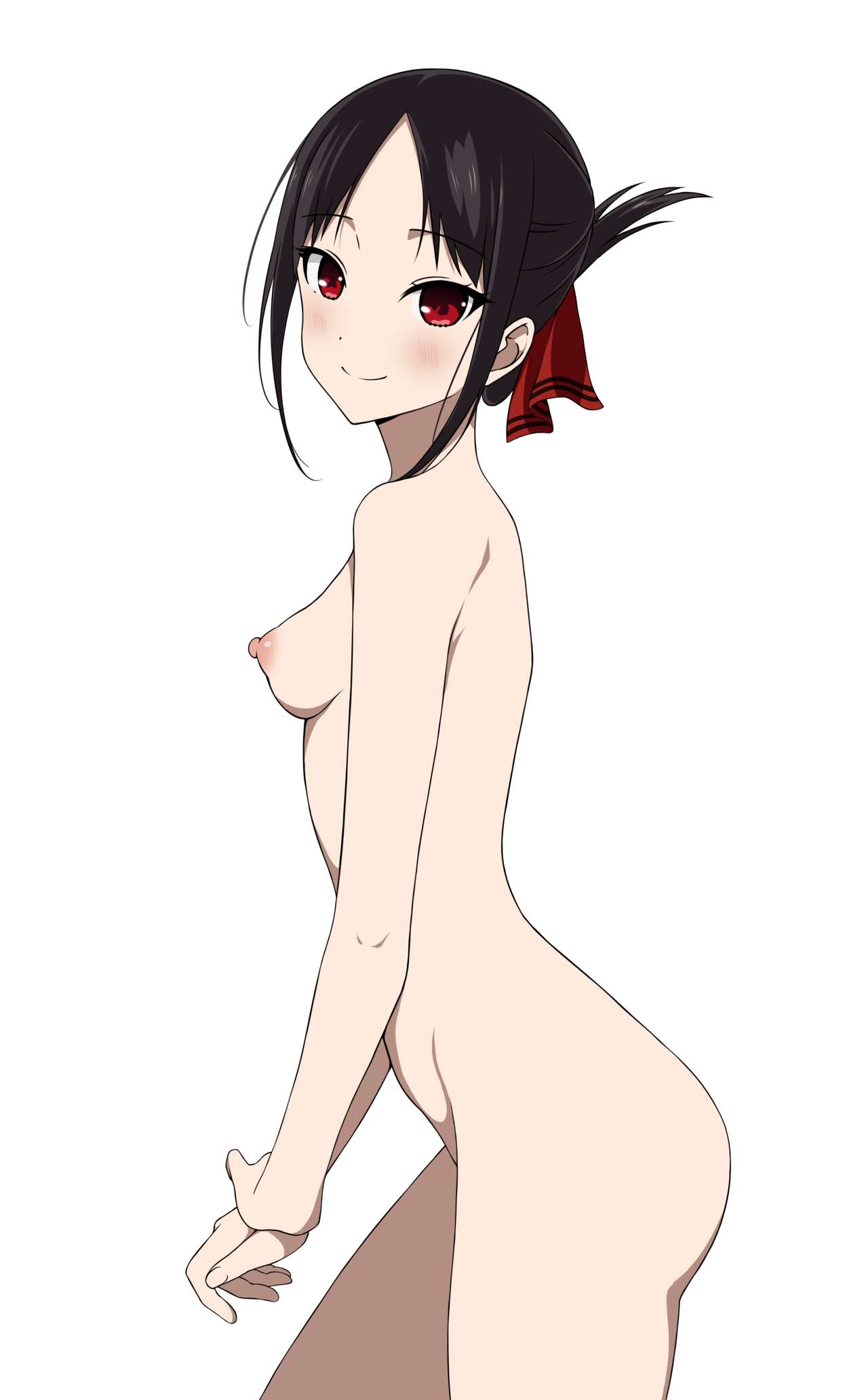 1girls, 2d, accurate art style, areolae, black hair, breasts, color, coro fae, eyebrows visible through hair, female, female only, kaguya-sama wa kokurasetai ~tensai-tachi no renai zunousen~, light skin, light-skinned female, looking at viewer, medium breasts, nipples, nude, official style, red eyes, shinomiya kaguya, simple background, smile, solo, white background