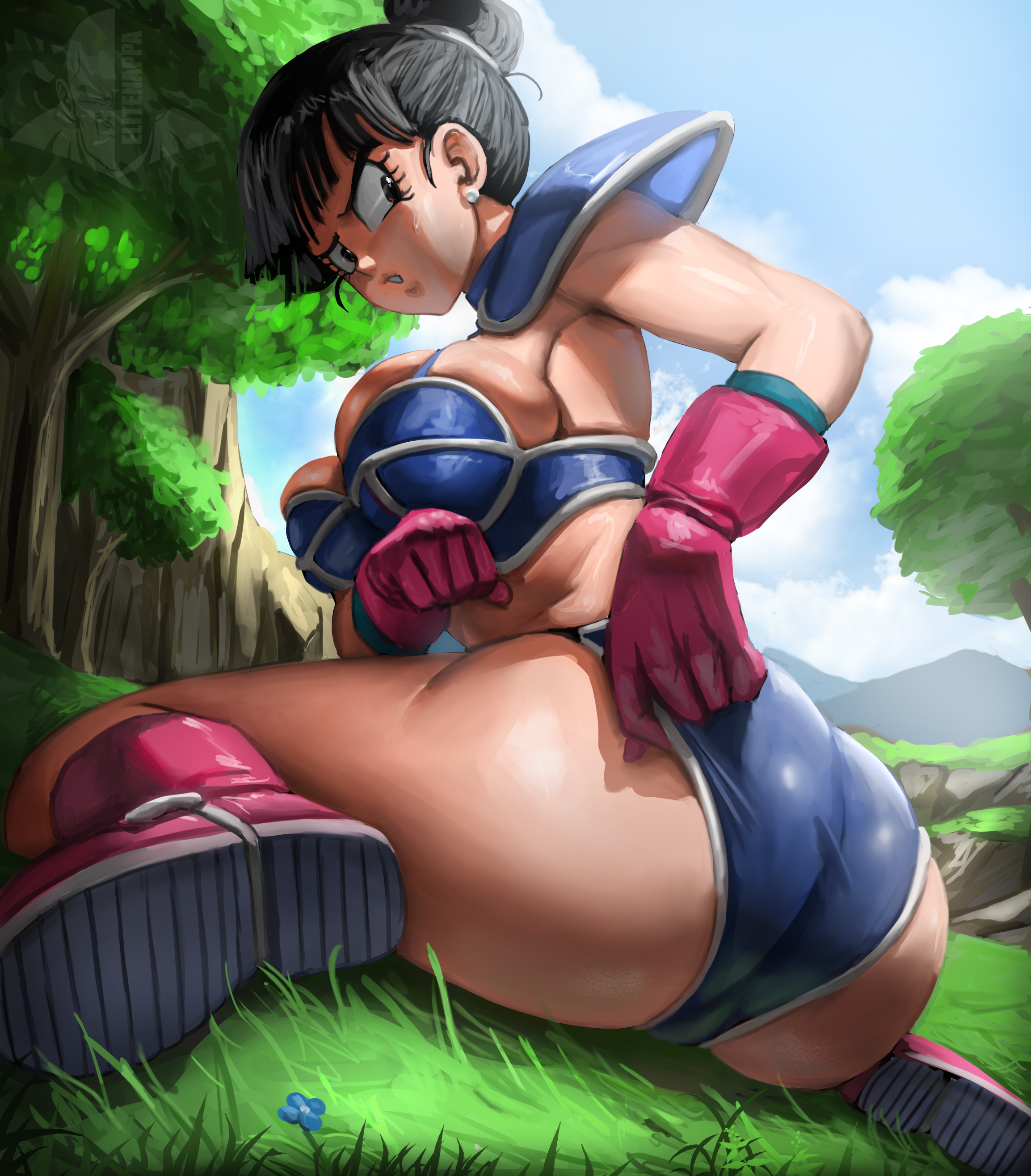 armor, ass, ass focus, bangs, bikini, bikini armor, black hair, blue armor, boots, bra, breasts, chichi, chichi's armor, dragon ball, dragon ball (classic), elitenappa, female, frustrated, gloves, grass, hair bun, large breasts, panties, pulling panties, skimpy armor, tagme, thighs, trees, unconvincing armor, wedgie