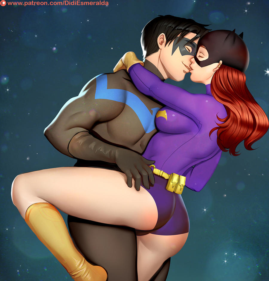 1boy 1girls ass barbara_gordon bare_thighs batgirl batman_(series) big_ass big_butt black_hair black_outfit black_suit boots breasts canon_couple cowl dc dc_comics dick_grayson didi_esmeralda domino_mask female french_kiss ginger gloves imminent_sex kissing leg_lift legs leotard making_love making_out male male/female mask nightwing purple_costume purple_outfit purple_suit red_hair romantic skin_tight straight thighs tight_clothing tight_costume tight_outfit tight_suit utility_belt