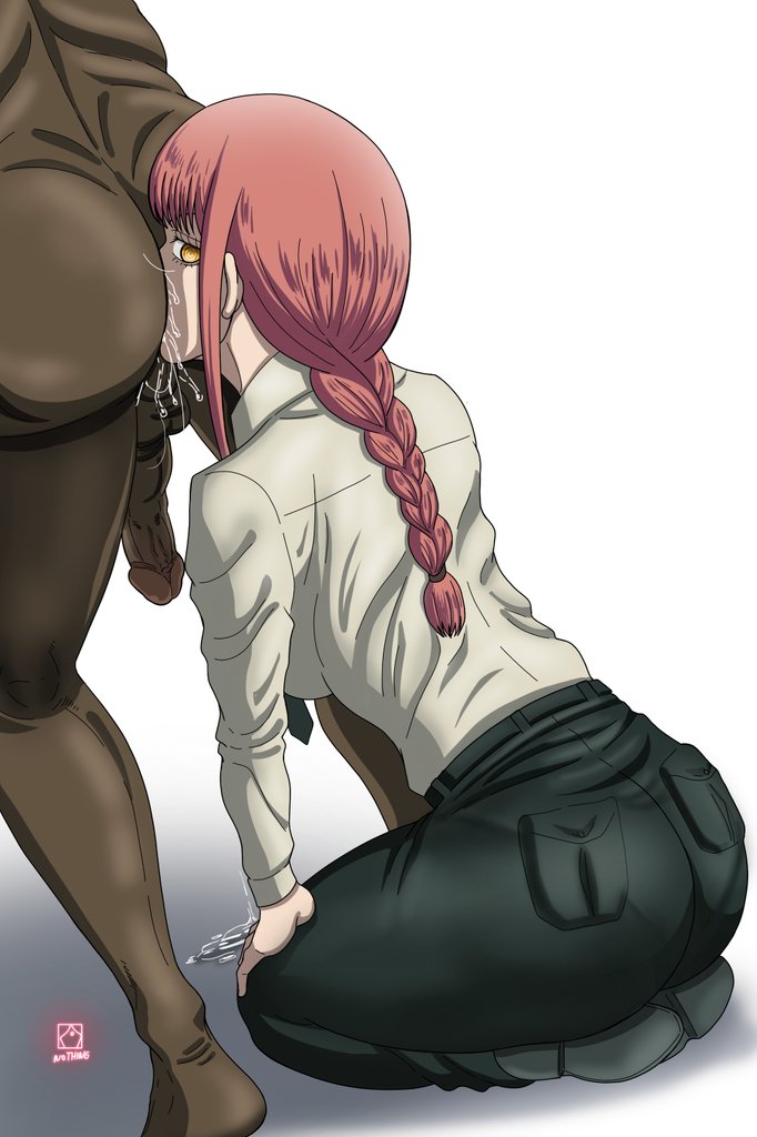 1boy, 1girls, 2d, chainsaw man, clothed, dark skin, dark-skinned male, female, interracial, kneeling, looking at viewer, makima (chainsaw man), male, new epic artist, nude, nude male, pantylines, ponytail, red hair, rimjob, rimming, saliva, saliva trail, showing ass, tight pants, unseen male face, yellow eyes