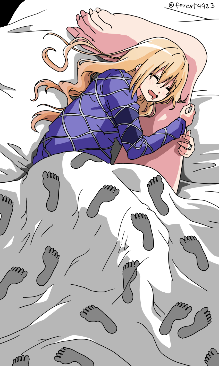 argyle argyle_shirt big_feet blonde_hair blue_shirt blush closed_eyes dot_nose drooling feet female fingernails foot_fetish foot_focus footprints forest_(4423) hair_between_eyes hair_down highres horny horny_female hug hugging_another's_leg human human_only jewelry long_hair long_sleeves long_toenails magia_record:_mahou_shoujo_madoka_magica_gaiden mahou_shoujo_madoka_magica open_mouth pajamas pervert ring saliva shirt sidelocks sleeping toenails toes twitter_username under_covers wavy_hair yukari_miyuri