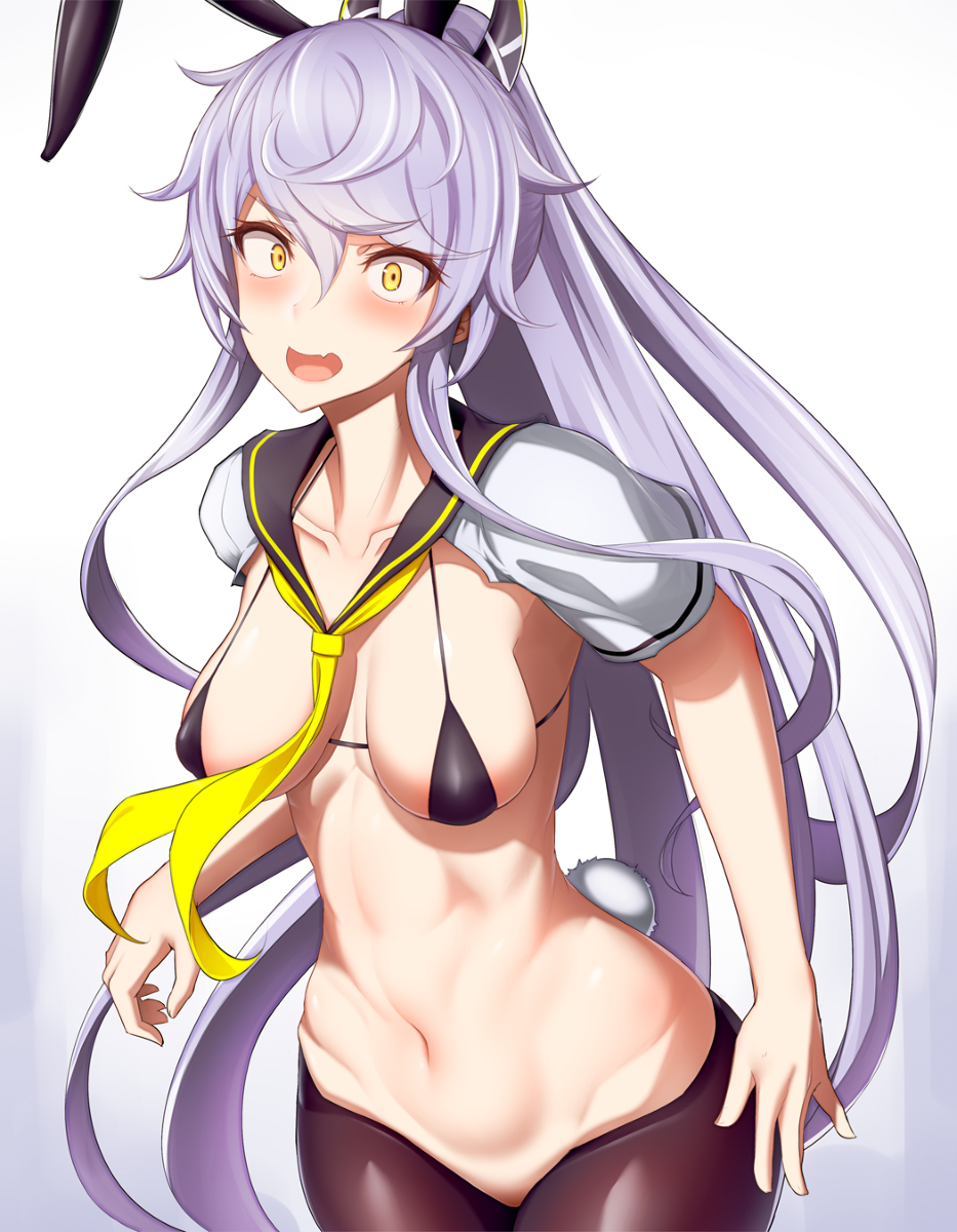 azur_lane bangs blush blush blush_lines bunny_ears bunny_girl bunny_tail embarrassed embarrassed_smile eyebrows_visible_through_hair long_hair navel oerba_yun_fang ponytail sailor_uniform silver_hair siren_purifier_(azur_lane) skimpy_bikini skimpy_clothes slim_waist small_breasts tights wide_hips yellow_eyes yellow_tie あくちにうむ89