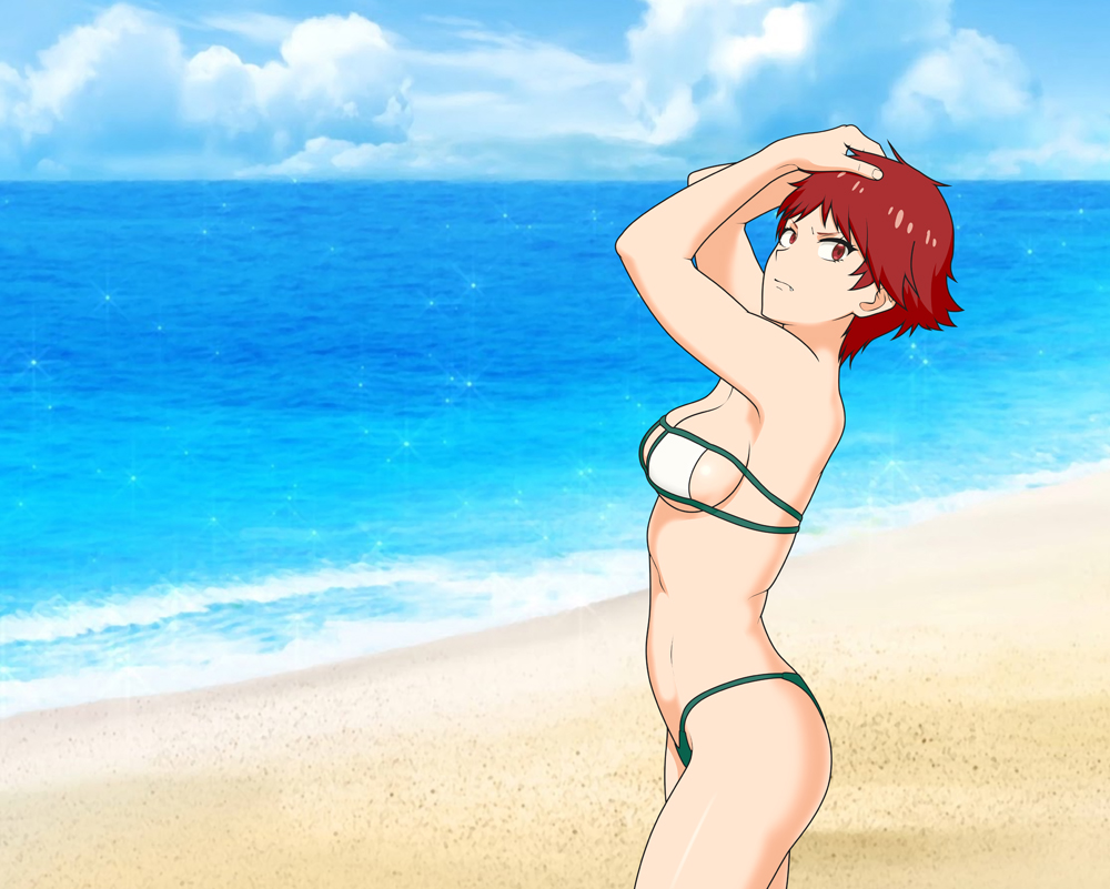 1girls, aizawa tomo, anaxus, angry expression, arched back, beach, big breasts, bikini, breasts, eyepatch bikini, female, female focus, female only, looking at viewer, red eyes, red hair, sea, seaside, short hair, side view, sideboob, solo, solo female, standing, swimsuit, swimwear, thong, thong bikini, tomboy, tomo-chan wa onna no ko