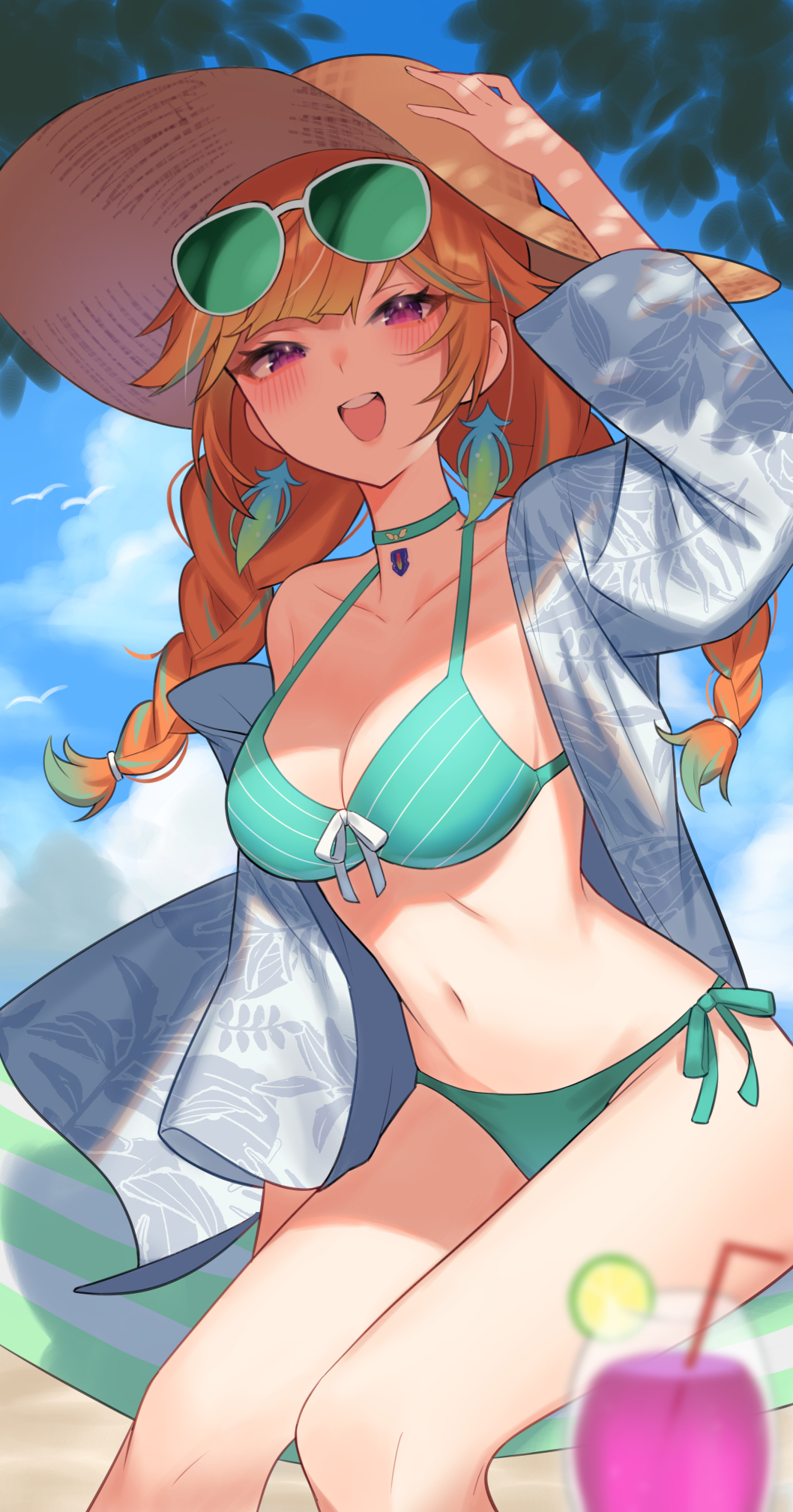 1girls, beach, bikini, braid, braided hair, braided twintails, breasts, cleavage, collar, drink, earrings, eyewear on head, female, green hair, green highlights, hammock, hat, hi res, hololive, hololive english, hololive myth, juice, looking at viewer, orange hair, purple eyes, shirt, smile, solo, streaked hair, sunglasses, sunglasses on head, swimsuit, takanashi kiara, takanashi kiara (2nd costume), twintails, two-tone hair, virtual youtuber