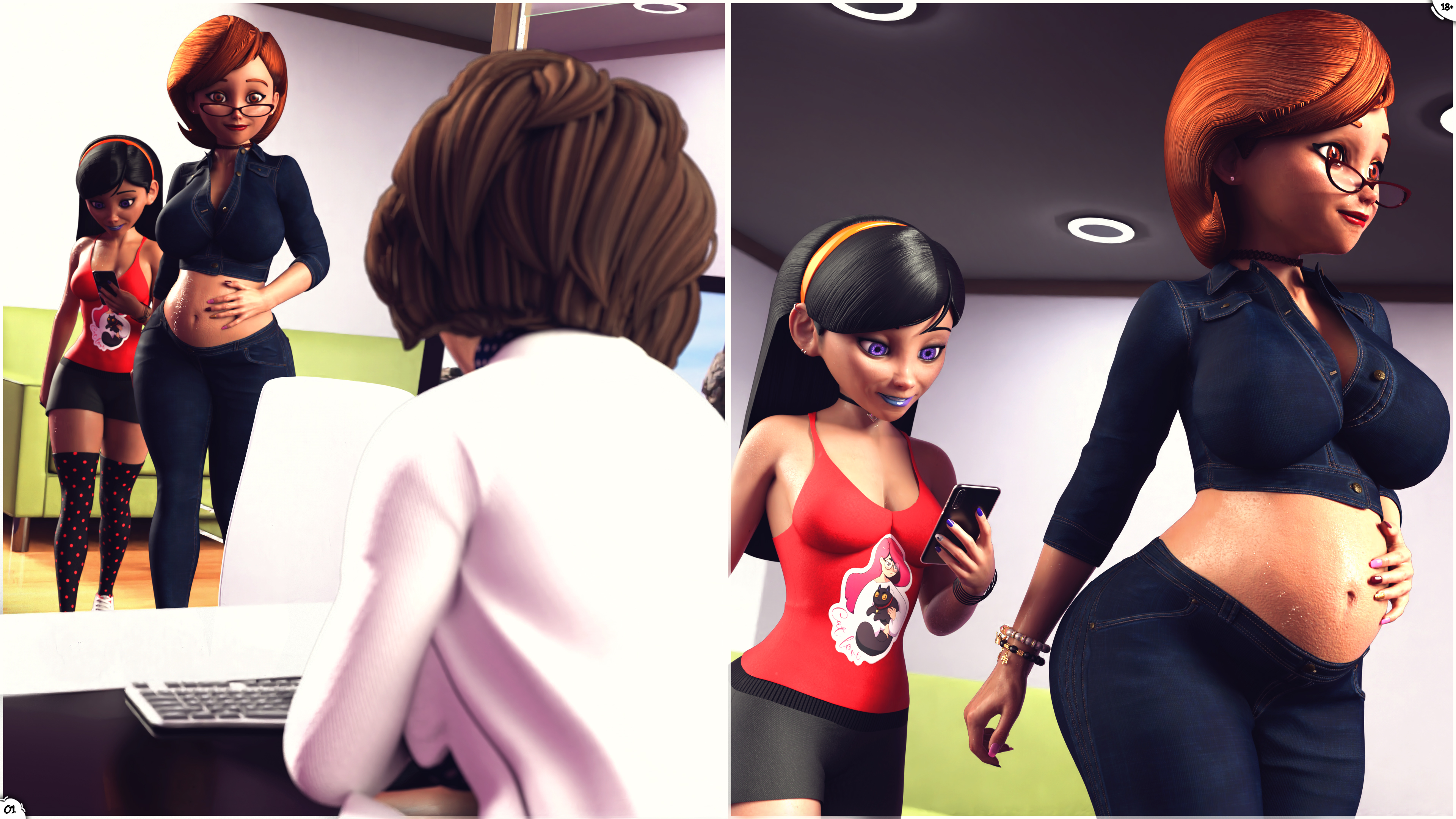 3d, 3girls, bare shoulders, big hero 6, cass hamada, cleavage, curvaceous, curvy, curvy female, curvy figure, daughter, female, female only, glasses, helen parr, indoors, long hair, marvel, marvel comics, midriff, milf, mother, mother and daughter, multiple females, multiple girls, pregnant, the incredibles, urqqurqq, violet parr