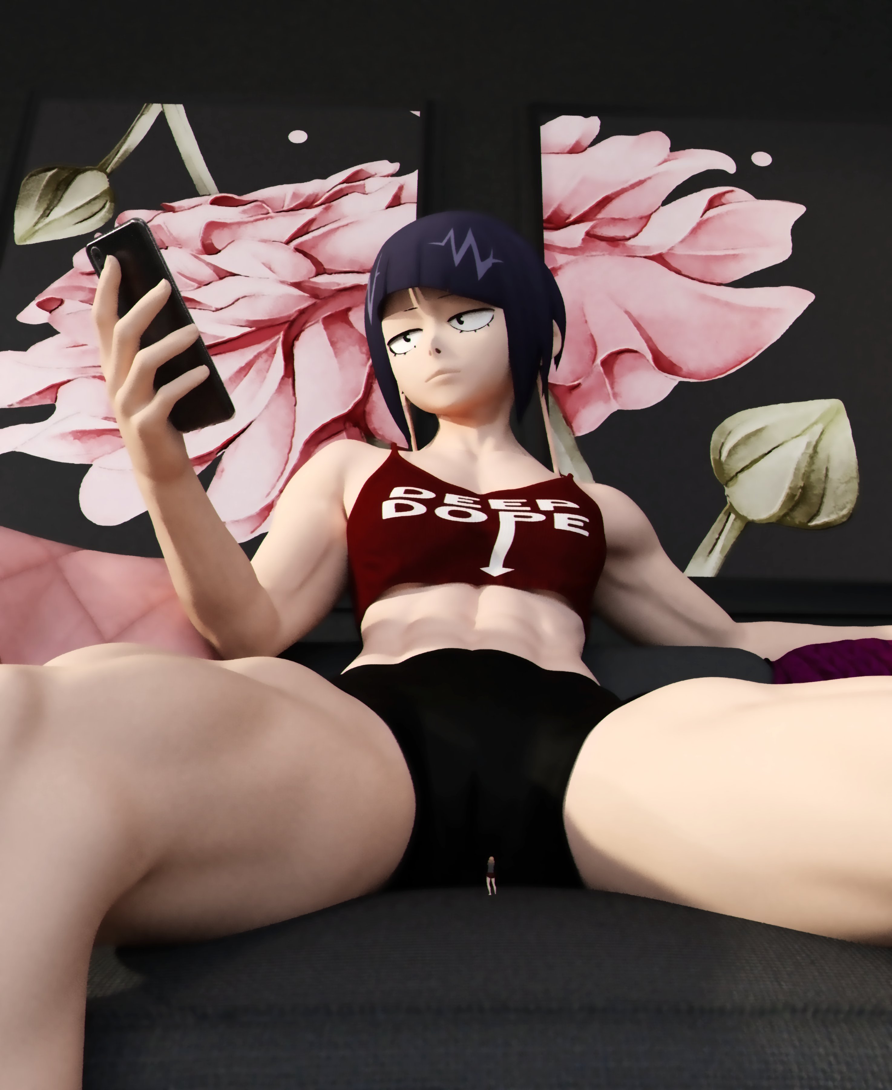3d, abs, camie utsushimi, couch, female, giantess, goddess, ignoring, kamicamie, kyoka jiro, larger female, muscular, muscular female, my hero academia, shorts, shounen jump, shrinking, smaller female, smartphone, sports bra, tagme