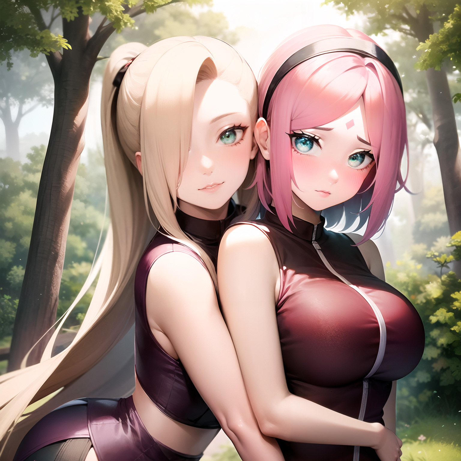 2girls, ai generated, big breasts, blonde hair, blue eyes, boruto: naruto next generations, breasts, busty, embarrassed, female, female only, female/female, forest, green eyes, hug, ino yamanaka, kurohoof, long hair, looking at viewer, multiple females, multiple girls, naruto, naruto (series), naruto shippuden, naruto: the last, nature, outdoors, pink hair, sakura haruno, smile, very long hair, yuri
