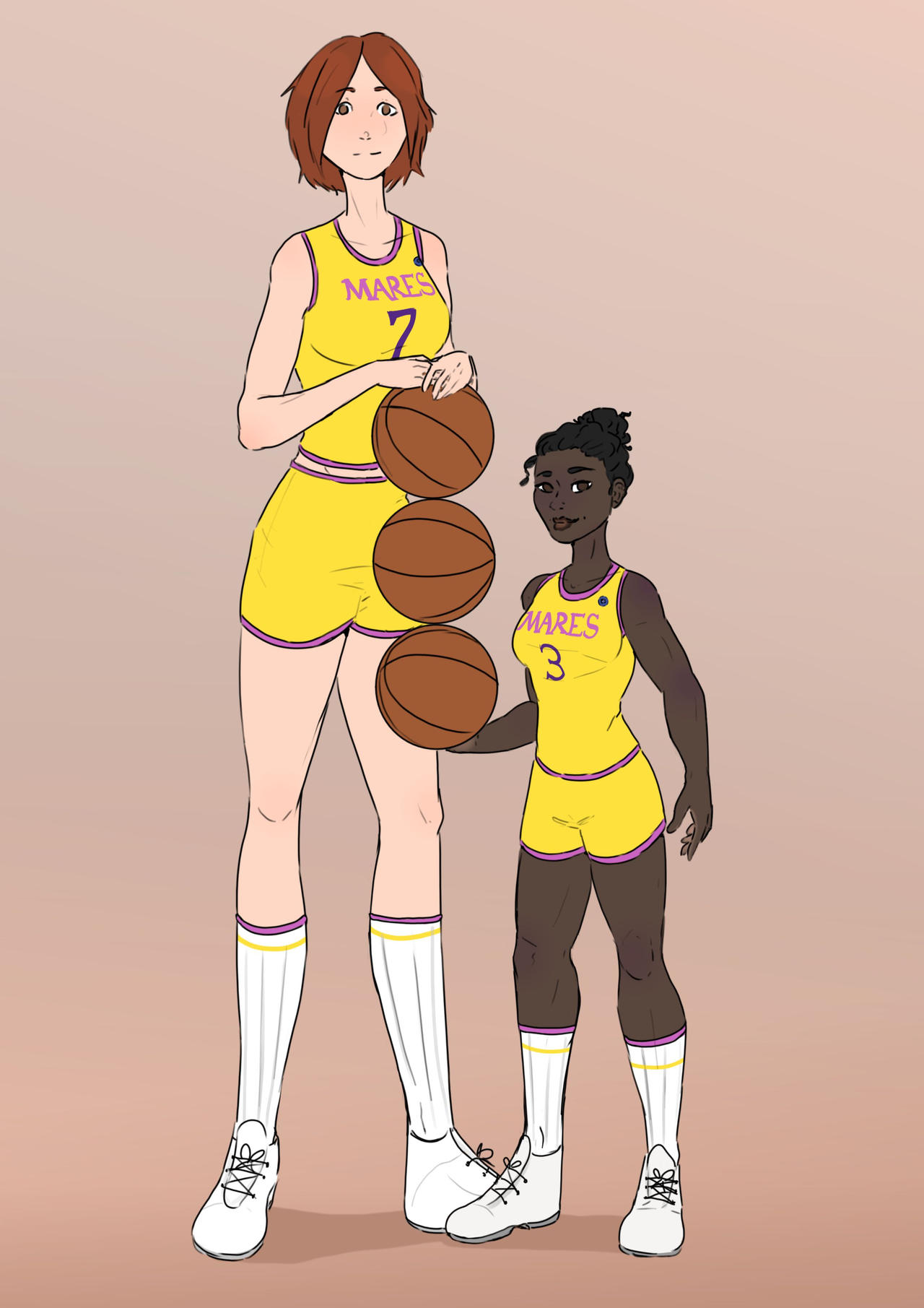 2girls basketball basketball_uniform black_hair brown_hair dark-skinned_female gentle growth jersey pale-skinned_female shorter_female size_comparison size_difference taller_female taller_girl