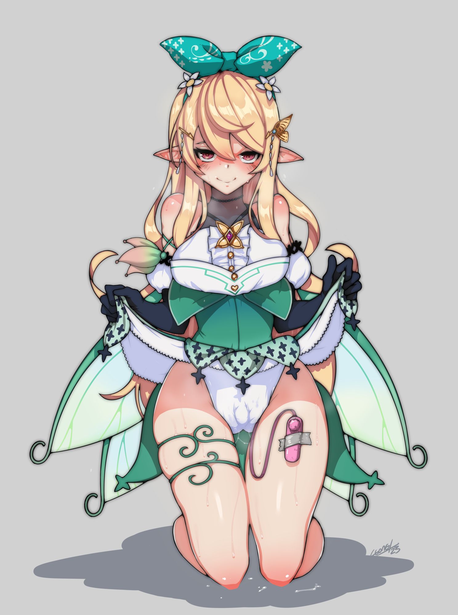 1girls, bare shoulders, blonde hair, blush, dress lift, exposed shoulders, fairy, fairy wings, female, flowers, flowers in hair, hair ornament, hairbow, hairclip, headband, hi res, highres, kneeling, leone145d86, nijisanji, nijisanji en, panties, pantyshot, pointy ears, pomu rainpuff, pussy, pussy juice, red eyes, showing off, showing panties, skirt lift, solo, sweat, sweatdrop, thigh gap, thigh squish, thighs, vibrator, vibrator under clothes, vibrator under panties, vines, virtual youtuber, wet panties, wet pussy, white panties, wings, yellow hair