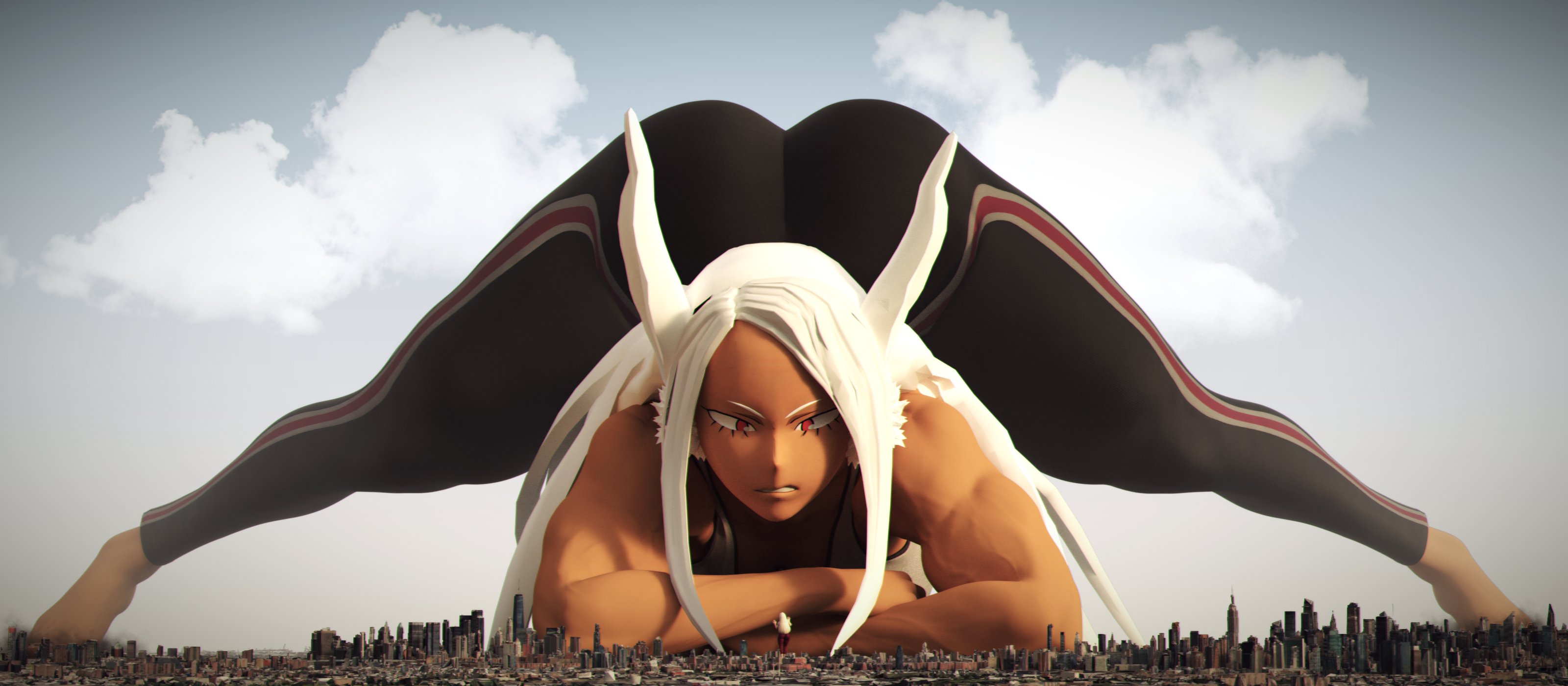 1girls, 3d, angry, annoyed, ass, bunny girl, city, dark skin, dark-skinned female, face down ass up, female, front view, giantess, hyper giantess, jack-o pose, kamicamie, macro, miruko, mount lady, my hero academia, rabbit girl, rumi usagiyama, shounen jump, tagme, white hair, yuu takeyama