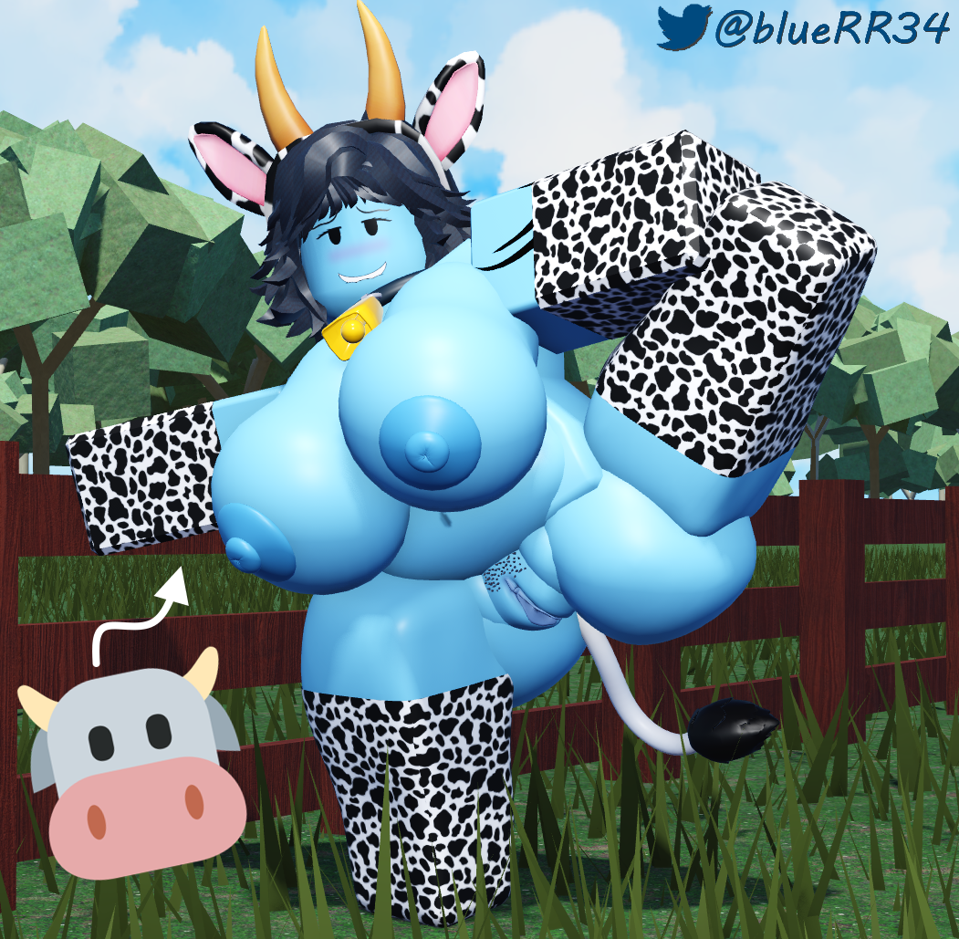 3d armwear big_breasts black_hair blue_skin bluerr34 chubby cow_print cowbell female original_character roblox robloxian self_upload shiram tagme thighhighs twitter_username