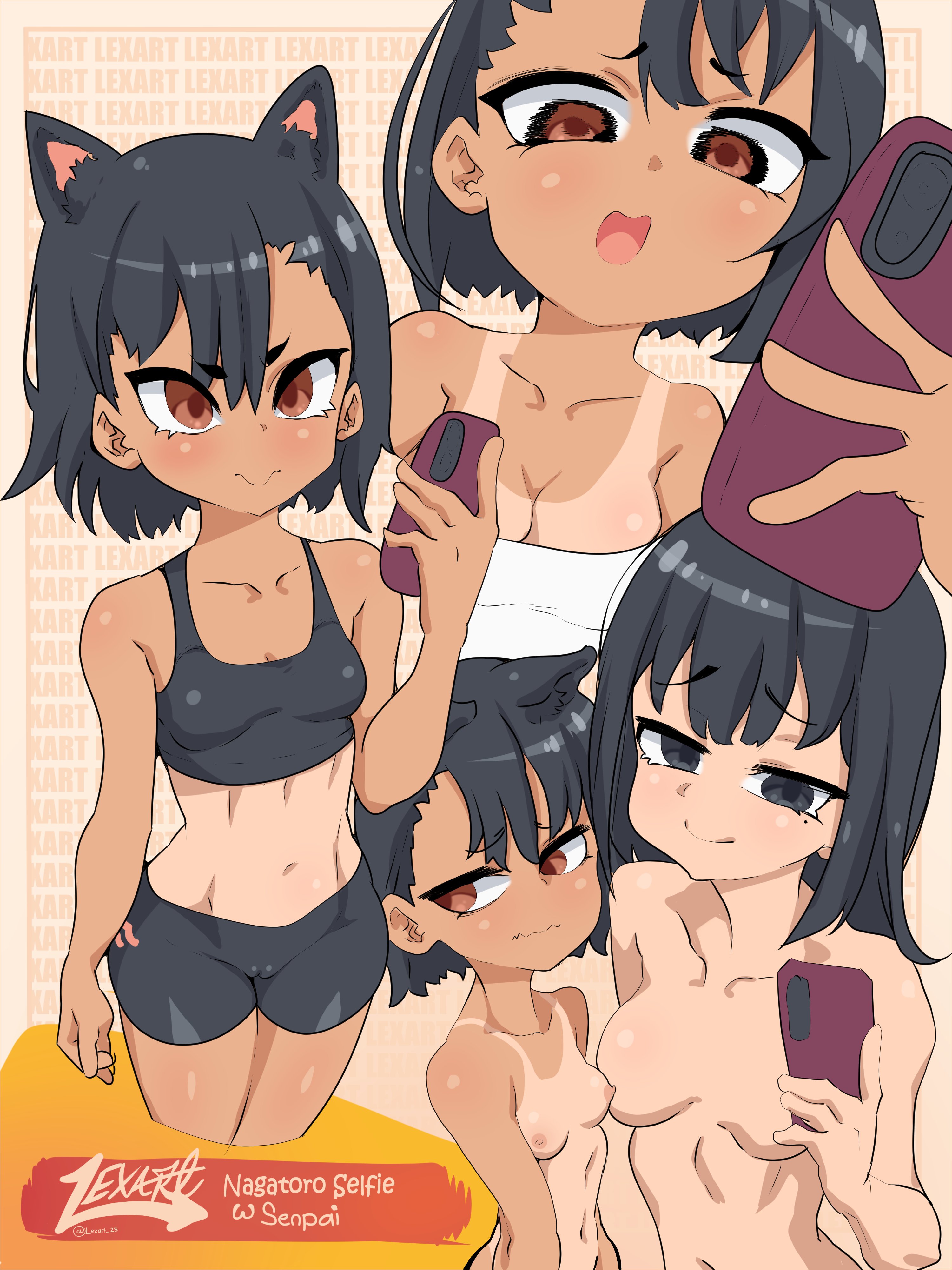 2girls, areolae, big breasts, black hair, breasts, brown eyes, cameltoe, clothed, clothing, female, female focus, female only, hayase nagatoro, huge breasts, lexart thighzzzz, looking at viewer, medium hair, misaki nagatoro, multiple females, multiple girls, navel, nipples, nude, open mouth, phone, please don't bully me, nagatoro, pose, pussy, revealing clothes, selfie, sisters, smile, sports bra, sportswear, tan, tan skin, tanned, watermark