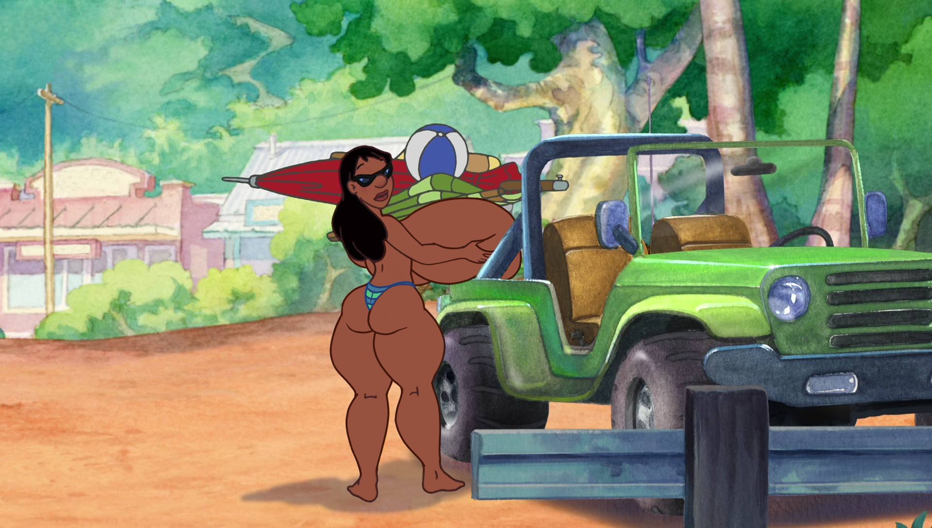 1girls, accurate art style, ass, big ass, big breasts, big butt, bikini, bikini bottom, breasts, dark skin, dark-skinned female, edit, female, hawaiian, huge ass, huge breasts, hyper breasts, lilo and stitch, nani pelekai, screencap, screenshot, screenshot edit, sunglasses, thick thighs, wide hips, yetig