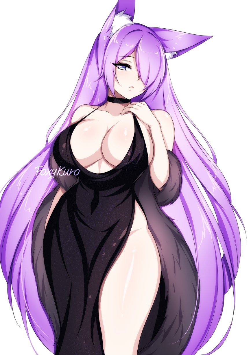 black_dress cleavage cleavage_dress dirtykuro dress evening_dress evening_gown fox_ears fox_girl foxgirl foxykuro hair_covering_eye hair_covering_one_eye hair_over_eye hair_over_one_eye hair_over_one_eyes kitsune kuro_(foxykuro) long_hair long_purple_hair original purple_eyes purple_hair purple_hair_female purple_heels side_slit slit_dress