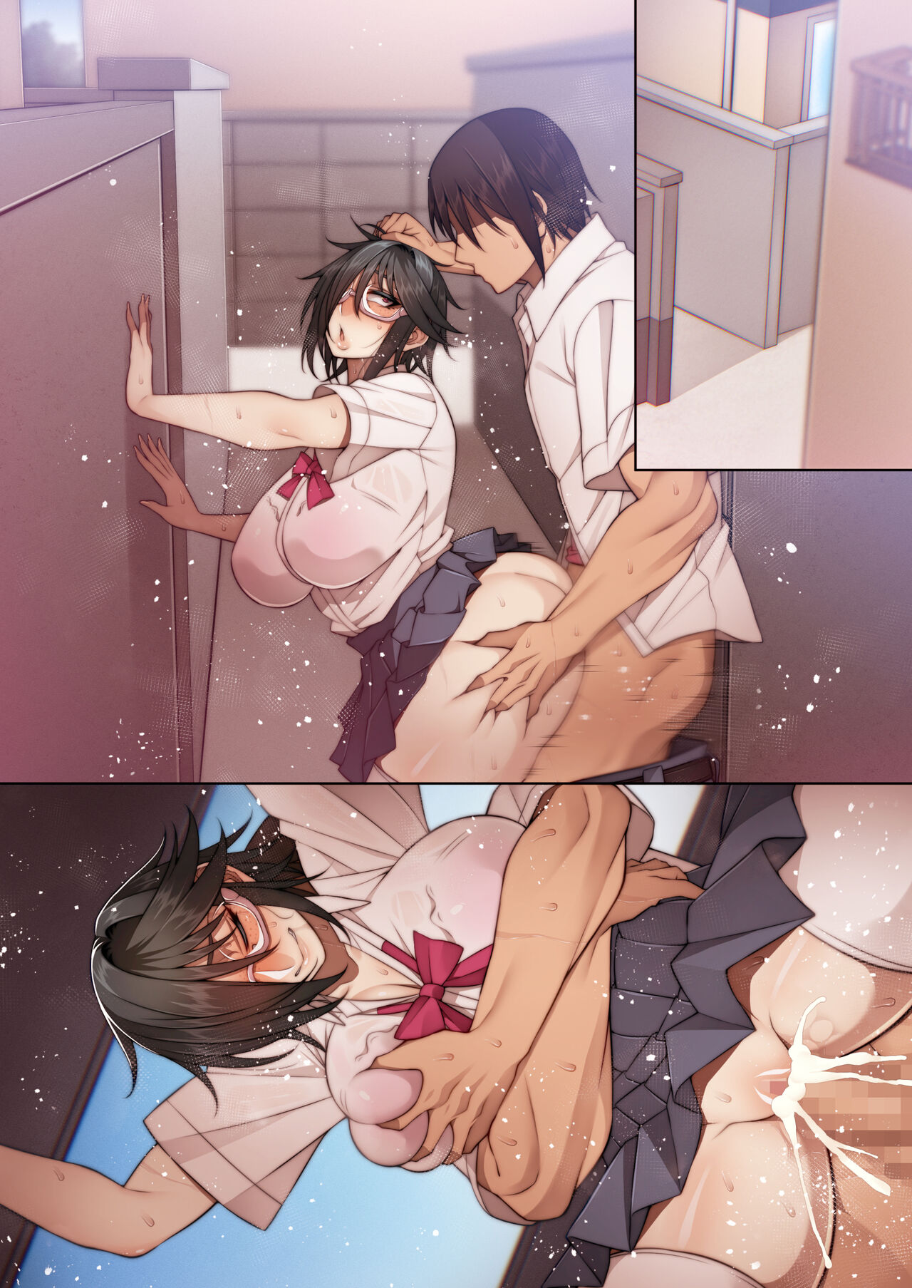 1boy, 1girls, against wall, alley, anko nekura, ass, ass grab, big ass, big butt, breast grab, breasts, clothed sex, cum, cum in pussy, cum inside, excessive cum, exposed butt, exposed pussy, female, freckles, fucked from behind, glasses, hair over one eye, huge breasts, jimiko, korotsuke, male, no panties, outdoor sex, outdoors, pants down, pulling hair, pussy, school uniform, schoolgirl, see-through clothing, sex, sex from behind, skirt, skirt up, standing sex, the creepy glasses girl, thick thighs, thighhighs, vaginal penetration