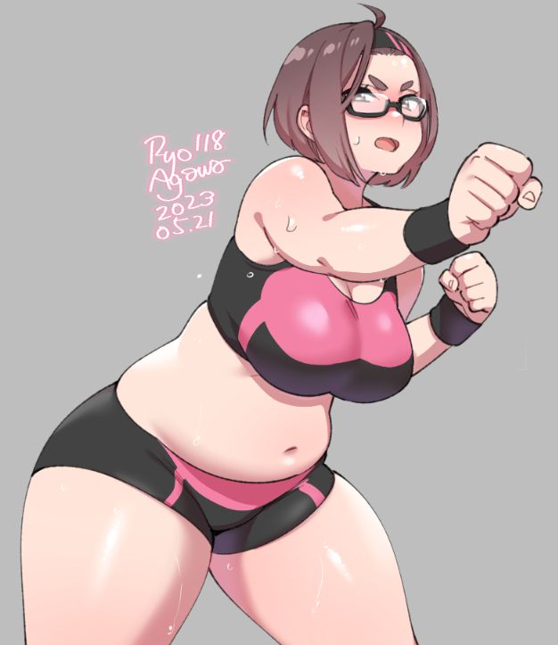 1girls belly chubby chubby_female exercise female glasses ryo_agawa short_shorts shorts sweat thick_thighs wristbands