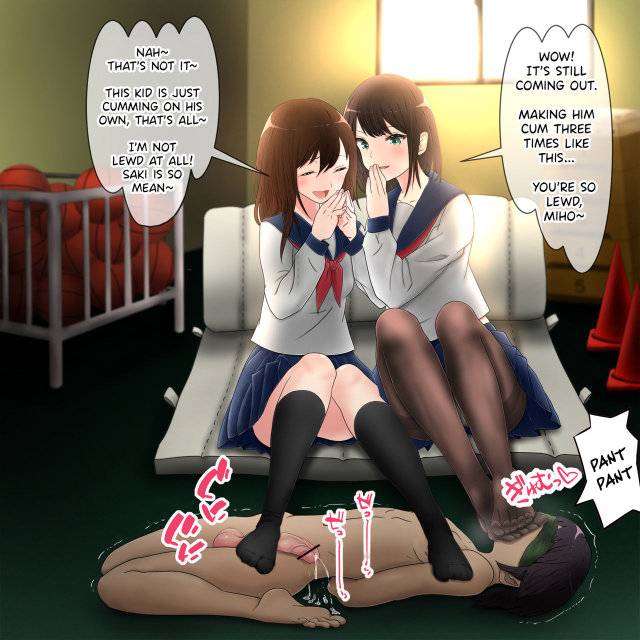 1boy, 2girls, balls, bar censor, bisexual, blindfolded male, censored, censored penis, cfnm, clothed female nude male, cock and ball torture, cock and balls torture, dominant female, english text, female, femdom, foot fetish, foot focus, footjob, hard translated, hisano, indoors, inside, male, malesub, original, penis, school uniform