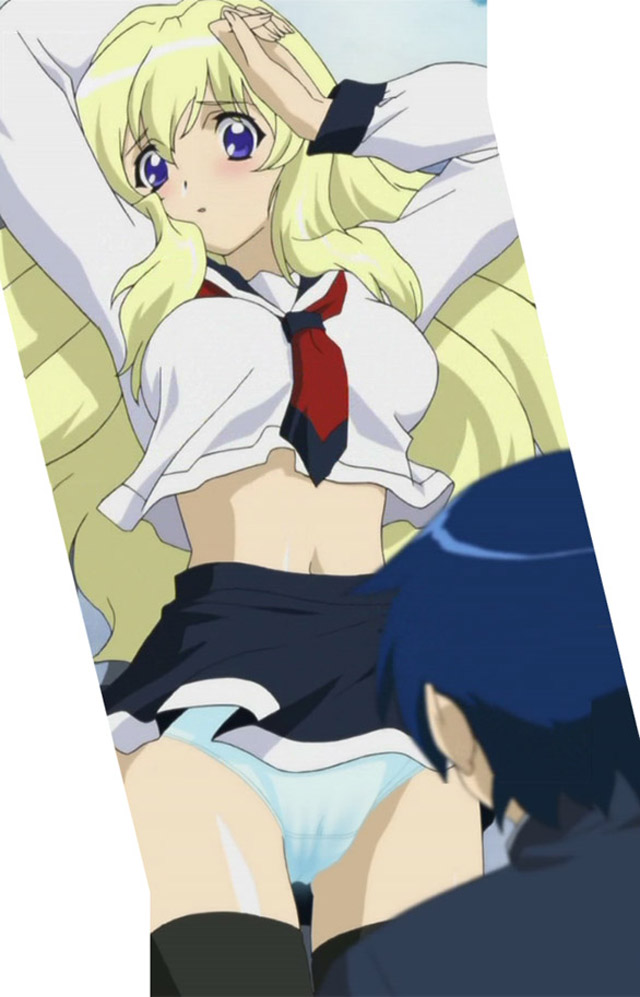 1boy 1girls anime awkward awkward_situation blonde_female blonde_hair blue_eyes blue_hair blue_panties girls_bravo light-skinned_female light-skinned_male lisa_fukuyama long_hair official_art on_back on_ground pale-skinned_female pale-skinned_male panties panty_shot sailor_collar sailor_uniform school_uniform screencap screenshot skirt stitched yukinari_sasaki