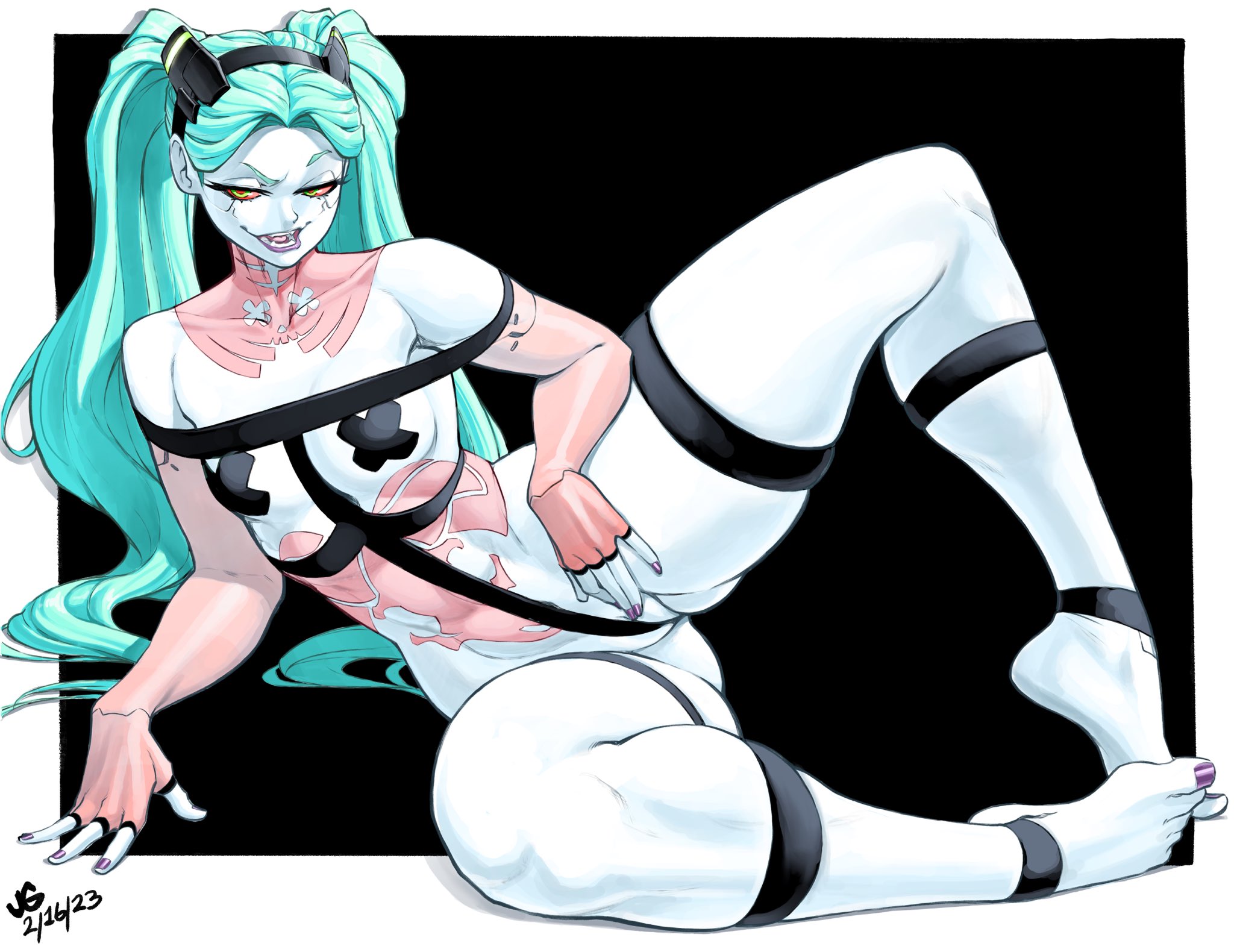 1girls, athletic, athletic female, breasts, cyberpunk: edgerunners, feet, female, human, jgeorgedrawz, long hair, pinup, pose, purple toenails, rebecca (edgerunners), small breasts, solo, taped nipples, teal hair, twintails