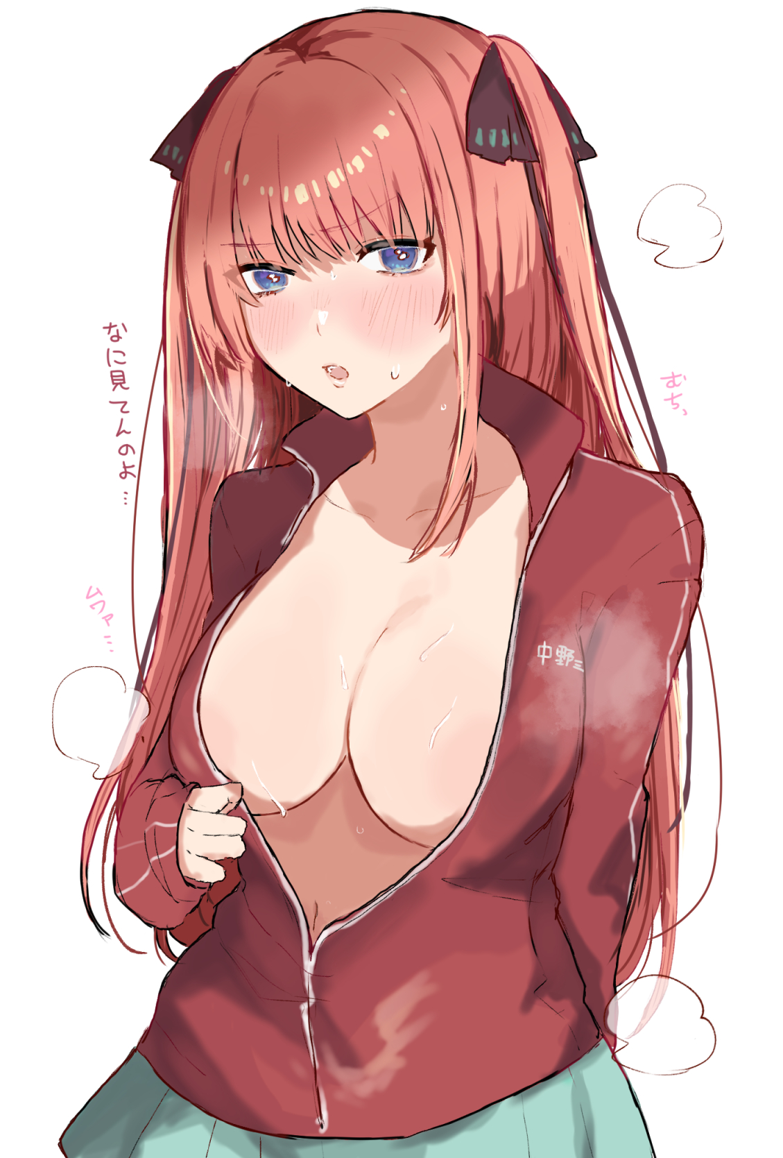:o, black ribbon, blue eyes, blush, breasts, butterfly hair ornament, cleavage, collarbone, female, go-toubun no hanayome, grey skirt, hair ornament, hair ribbon, highres, jacket, large breasts, long hair, nakano nino, navel, nkmr, no bra, open clothes, open jacket, open mouth, pink hair, red jacket, ribbon, simple background, skirt, sweat, twintails, two side up, white background