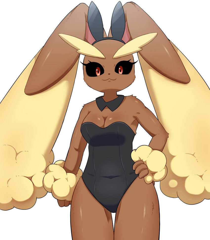 :3, 2022, anthro, anthro only, black sclera, breasts, brown body, brown fur, bunny ears, bunny girl, cleavage, collar, eyelashes, female, female only, fur, furry, furry only, generation 4 pokemon, looking at viewer, lopunny, medium breasts, navel visible through clothes, nintendo, pokémon (species), pokemon, pokemon (species), pokemon dppt, red eyes, simple background, solo, sum, yellow fur