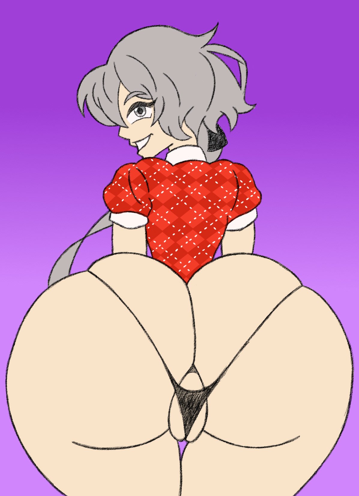 1girls apple_butt ass ass_focus big_ass big_butt big_thighs bikini_bottom bubble_ass bubble_butt butt butt_focus grey_eyes grey_hair huge_ass huge_butt huge_thighs hyper konno_junko looking_at_viewer looking_back massive_ass massive_butt massive_thighs only_female partially_clothed partially_nude simple_background smile smiling smiling_at_viewer tongue voluptuous voluptuous_female zombie_girl zombie_land_saga