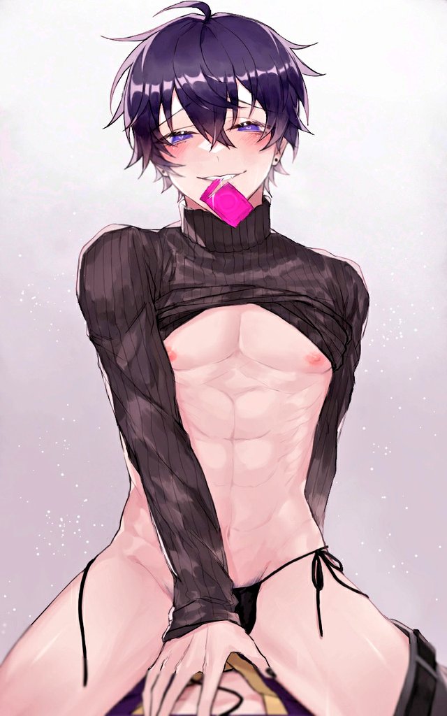 2boys athletic_male blush blushing_at_viewer condom condom_in_mouth condom_wrapper cowgirl_position femboy femboy_on_male femboydom gay heart-shaped_pupils indie_virtual_youtuber kita2254mkenja light-skinned_male looking_at_viewer nipples on_top purple_eyes shoto shoto_(vtuber) sweater sweater_lift thong_bikini undressing virtual_youtuber vtuber yaoi