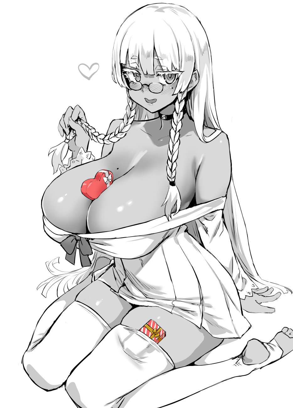 asanagi bare_shoulders between_breasts big_breasts breasts chocolate cleavage collarbone dark-skinned_female dark_skin female female_only gift glasses heart highres huge_breasts long_hair looking_at_viewer mole mole_on_breast mole_under_eye monochrome object_in_thighhighs original pantyhose ribbon short_twintails sitting smile solo spot_color twintails valentine white_hair zettai_ryouiki