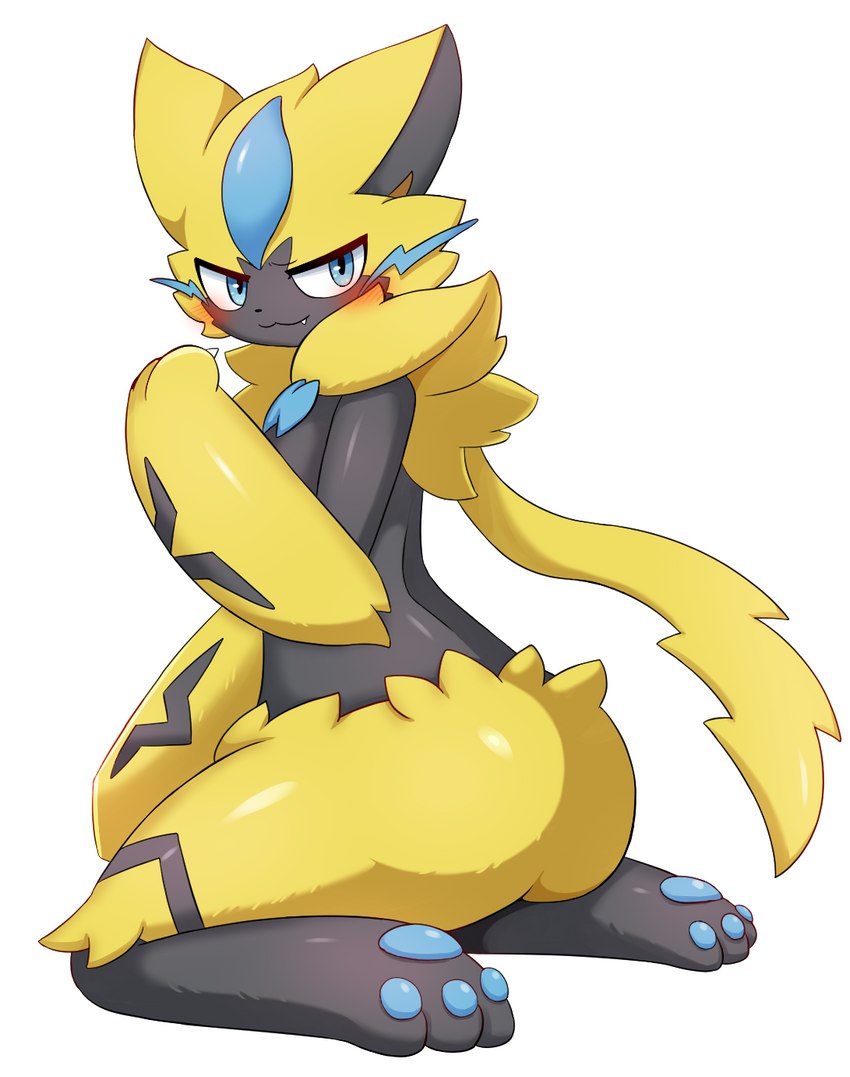 2022 ambiguous_gender anthro anthro_only ass blue_eyes blush claws feline generation_7_pokemon grey_fur looking_at_viewer multicolored_body multicolored_fur oerba_yun_fang pawpads paws pokémon_(species) pokemon pokemon_(species) pokemon_sm simple_background sum yellow_fur zeraora